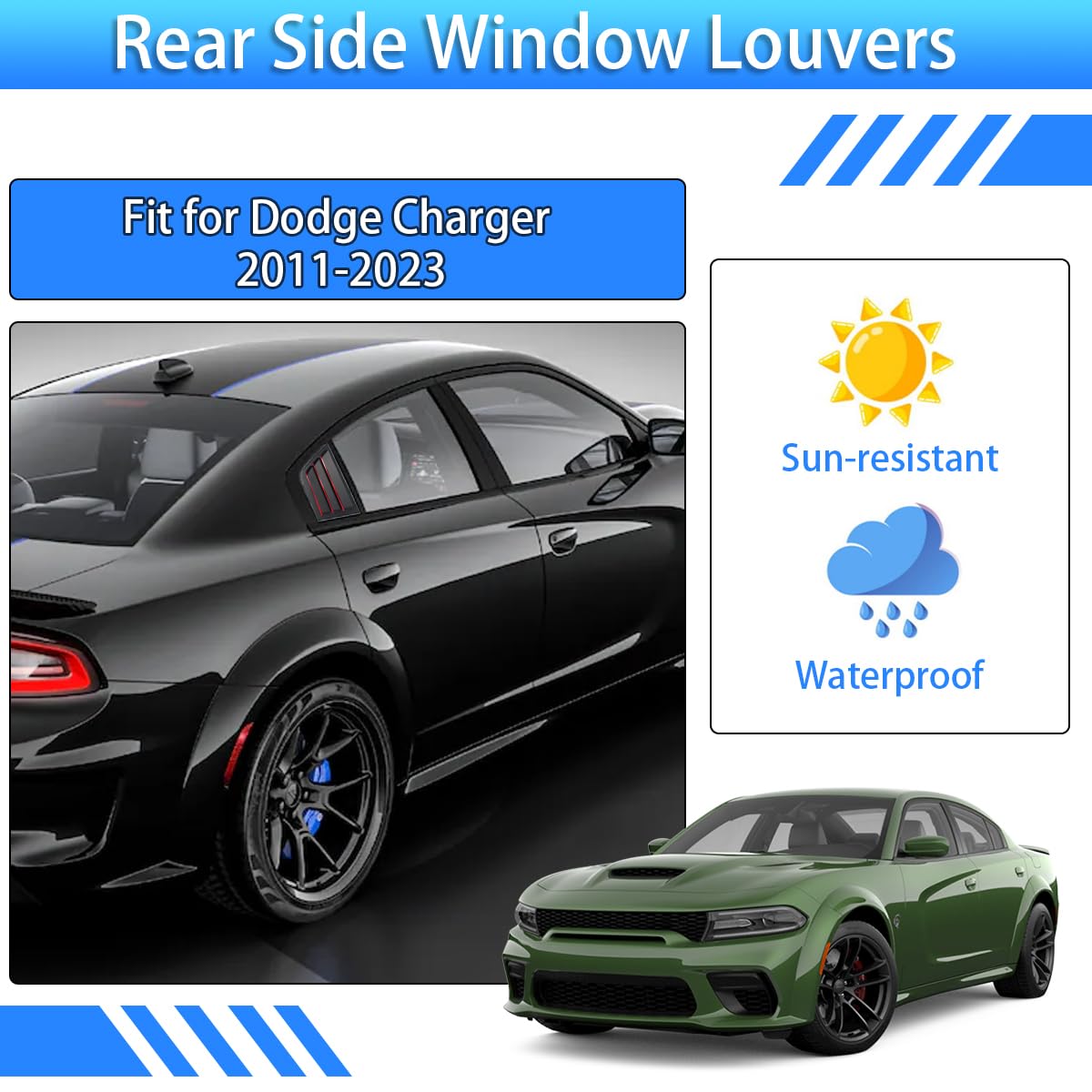 Dodge Charger 2011-2023 Rear Side Window Louvers - Sporty Air Vent Scoop Shades Cover Trim Blinds (2PCS, Black with Red) | Exterior Accessories for Enhanced Style & Sun Protection | Perfect for Car Shows & Daily Driving