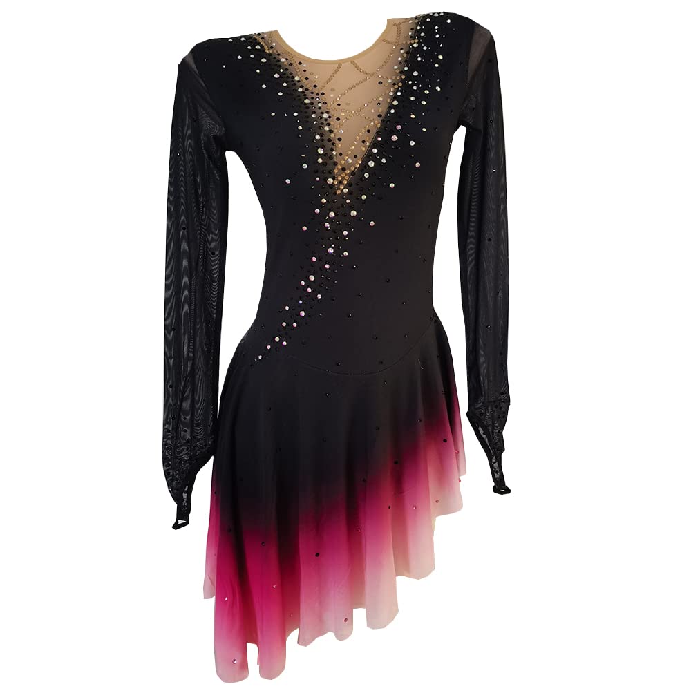 LIUHUO Black Figure Skating Skirt with Rose Red Gradient Mesh & Hook Sleeve - Elegant Performance Skirt for Girls | Perfect for Ice Shows, Competitions & Dance Routines