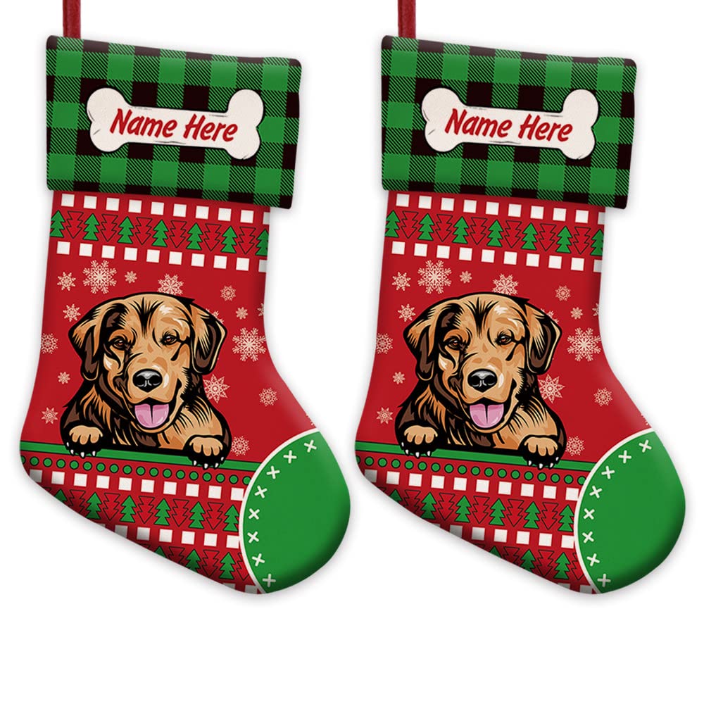 2 Pack Personalized Merry Christmas Stockings - Cute Golden Retriever Dog with Bone & Buffalo Plaid Snowflake Design - 14.4 Inch Holiday Decor for Fireplace, Gift Giving & Festive Home Decoration