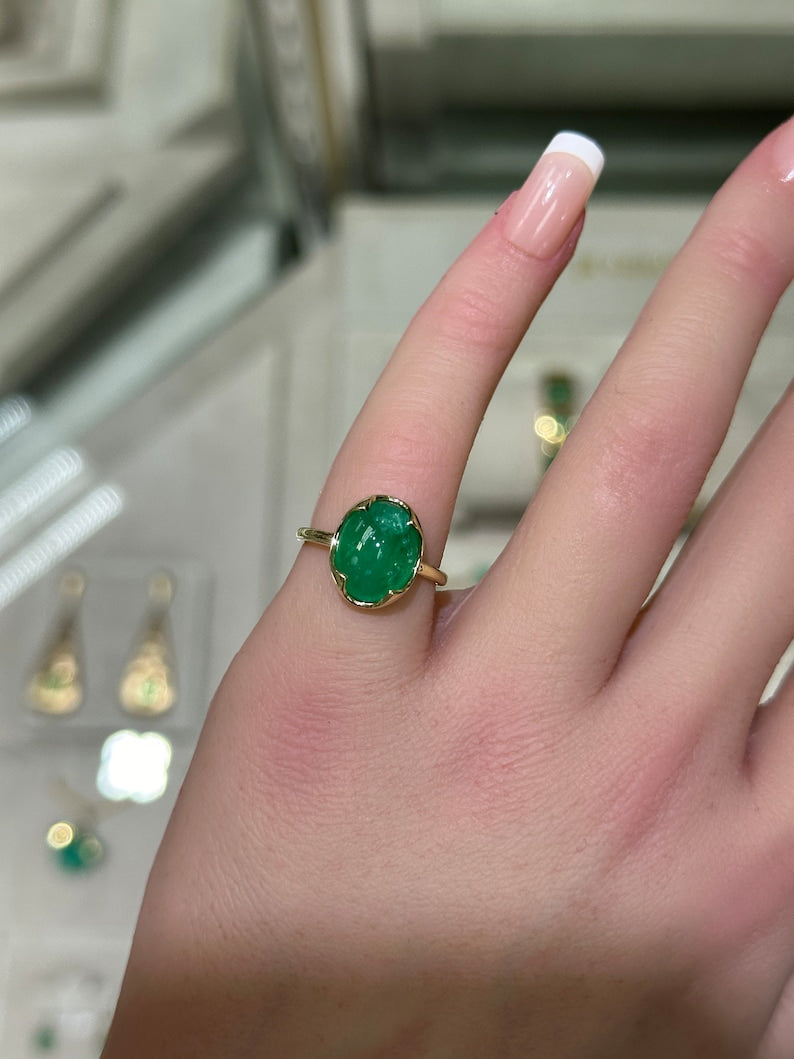 4.29ct 14K Gold Dark Green Oval Cabochon Emerald Solitaire Ring for Women - Elegant Wedding, Engagement & Anniversary Jewelry Gift