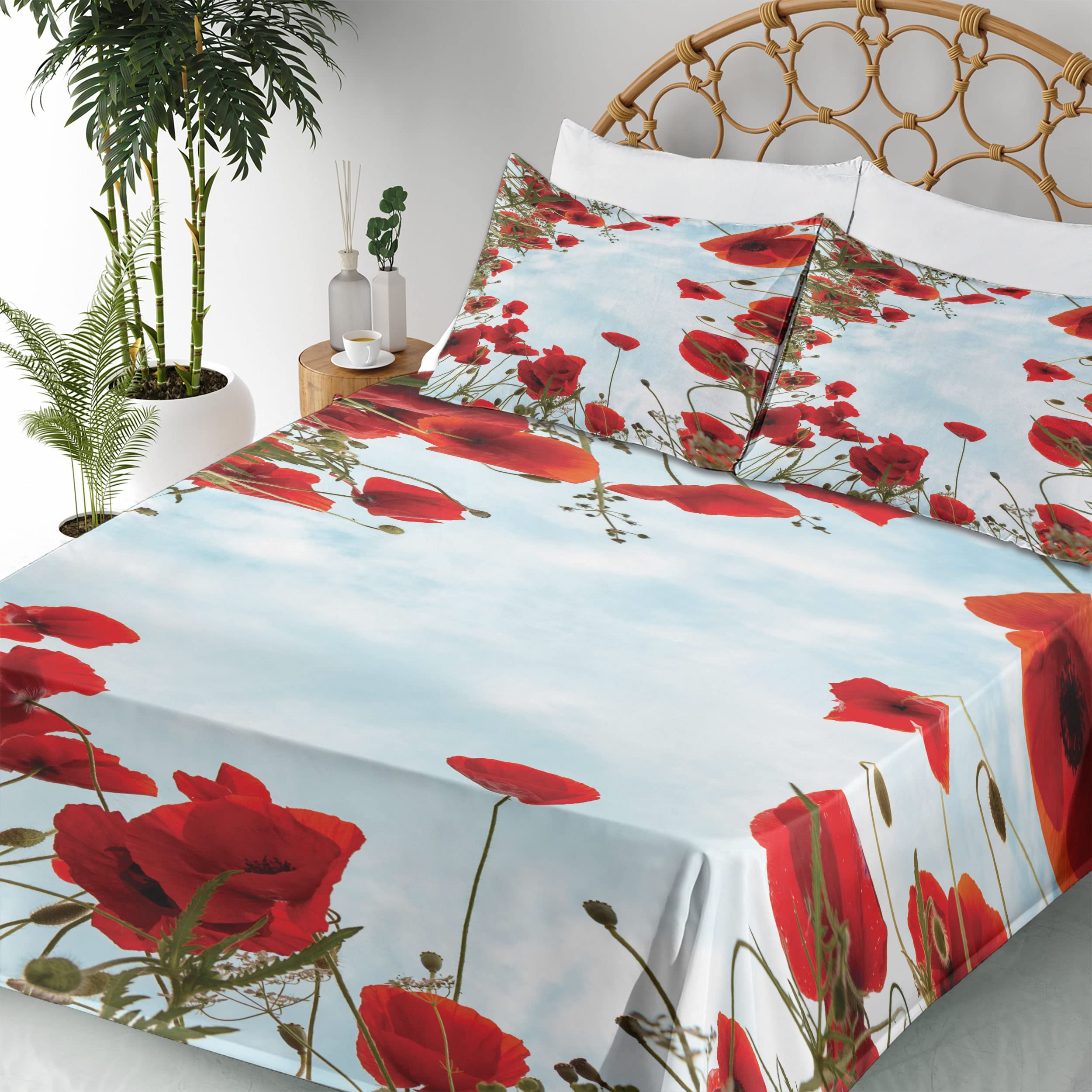 Ambesonne Poppy Flower Bed Sheet Set 4-Piece - King Size, Vermilion & Pale Blue, Tilt Shot Meadow & Herb Design - Fitted Sheet, Flat Sheet & 2 Pillowcases - Perfect for Boho & Farmhouse Bedroom Decor