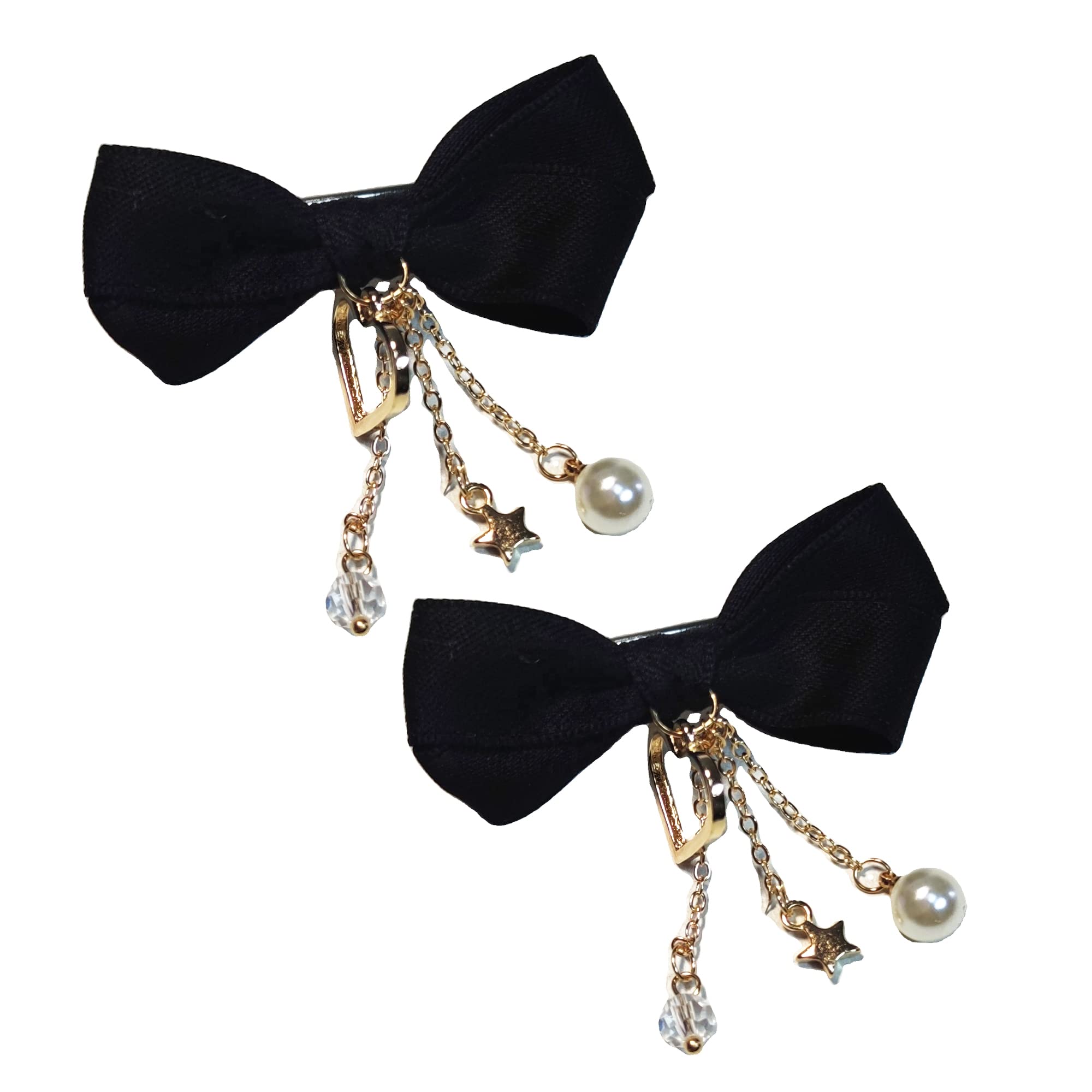 2pcs Lolita Black Hair Bow Clips with Star & Heart Charms - Cute Anime Hair Accessories for Girls & Teens - Perfect for Cosplay, School, Parties & Daily Styling