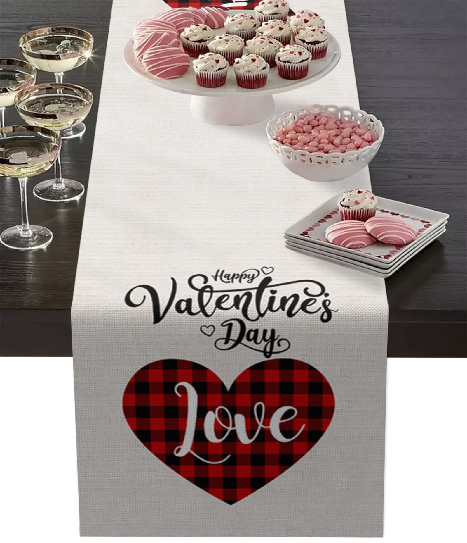Valentine's Day Plaid Heart Table Runner - 36 Inch Long Red Farmhouse Decor for Kitchen, Dining, Coffee Table, Wedding & Banquet - Perfect for Romantic Dinners, Holiday Parties & Home Decor