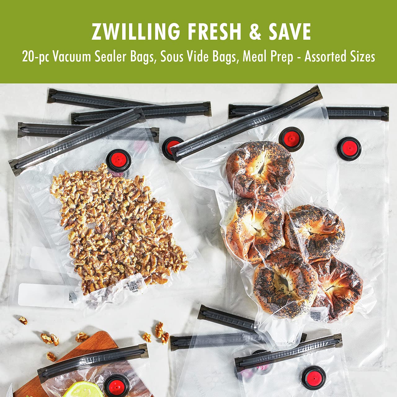 ZWILLING Fresh & Save 20-Piece Vacuum Sealer Bags Set - Reusable Sous Vide & Food Storage Bags for Meal Prep, Snacks | Dishwasher Safe, Clear & Assorted Sizes | Perfect for Sous Vide Cooking, Freezing & Organizing Leftovers