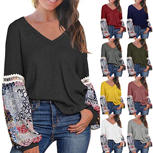Women's Printed V-Neck Bubble Long Sleeve Waffle Tunic Top - Casual Loose Pullover Blouse for Everyday Wear, Office & Weekend Outfits
