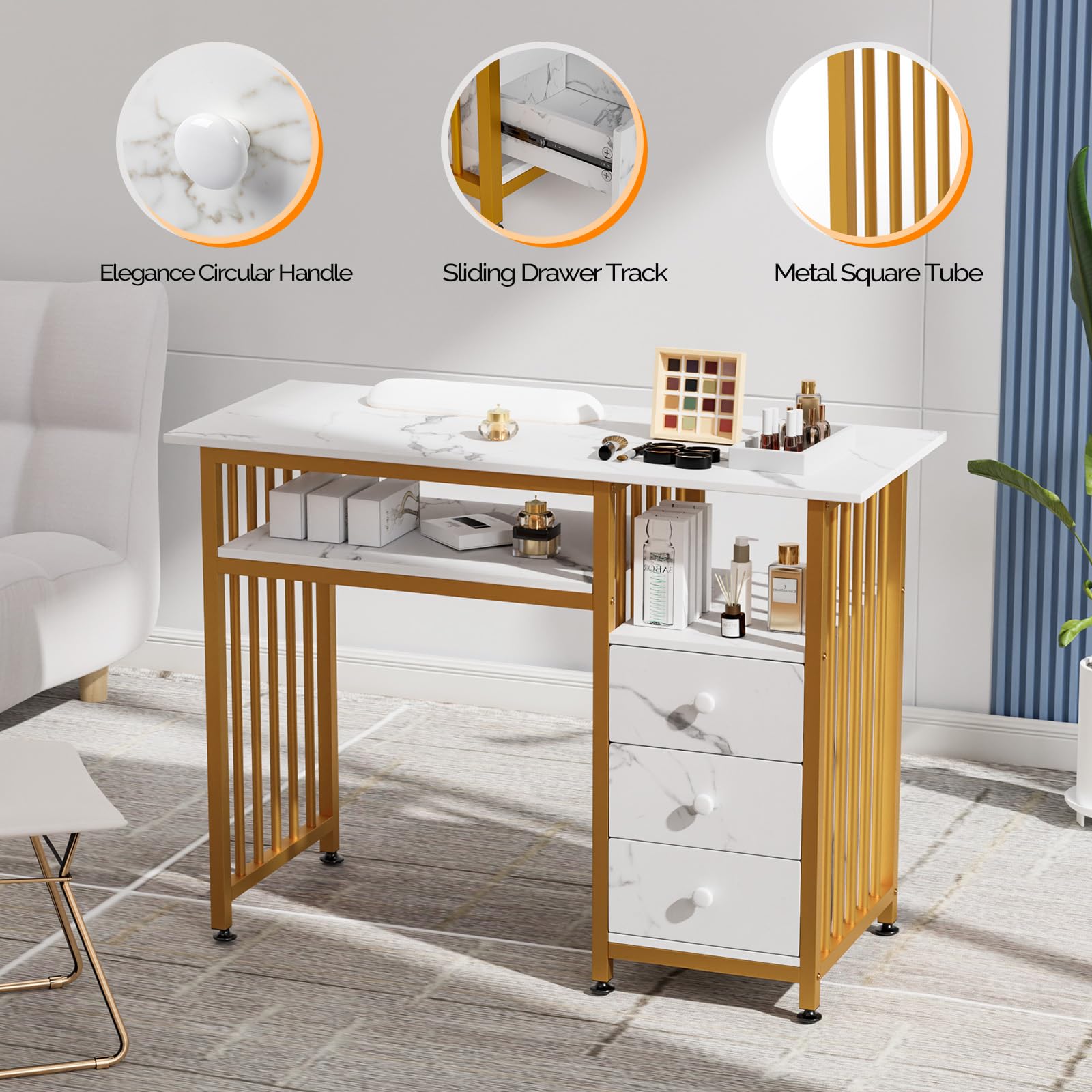 OmySalon Professional Manicure Table & Nail Tech Desk with Marble Texture - Perfect for Nail Salons, Home Studios & Beauty Professionals