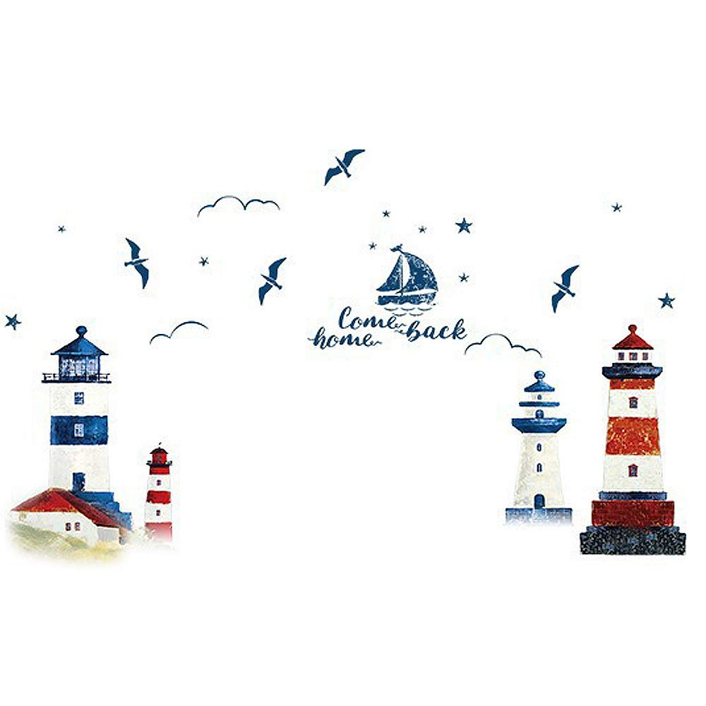 Nautical Wall Decals - DIY Colorful Sea Lighthouse, Seagulls & Boat Sketch Stickers for Home Decor | Perfect for Bedroom, Kids Room & Nursery | Come Back Home Quote | Easy Peel & Stick Wall Art