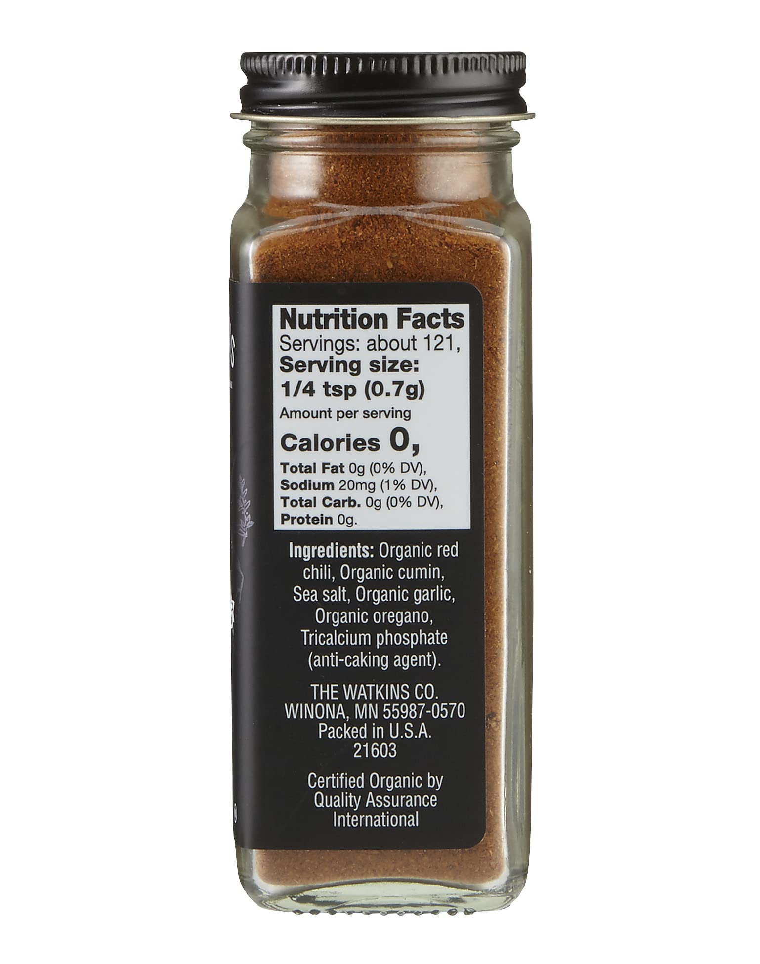 Organic Chili Powder by Watkins Gourmet - 2.9 oz Glass Spice Jar | Premium Cooking & Baking Spice for Mexican, BBQ & Homemade Seasoning Blends