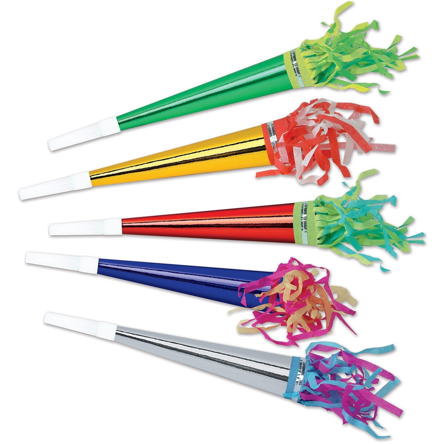 100 Pack Beistle Foil New Year's Party Horns with Tassel - Assorted Colors for New Year's Eve Celebrations, Birthday Parties & Festive Events