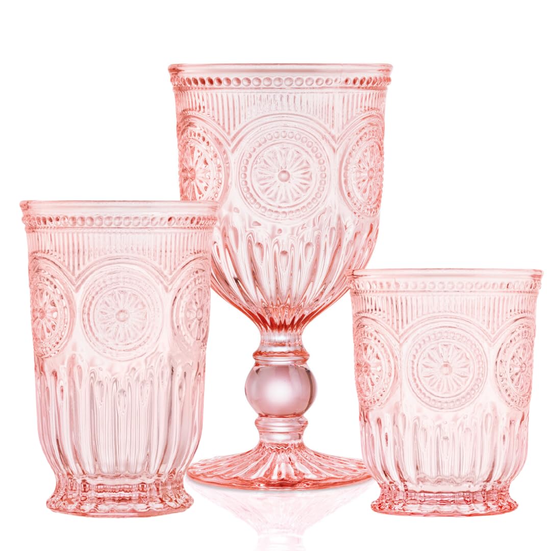 Yungala Pink Glassware Set - 4-Piece Pink Wine Glasses, Highball Glasses & Small Cups with Sunflower Embossing - Elegant Purple Glassware Collection for Wine Tasting, Cocktail Parties & Home Decor