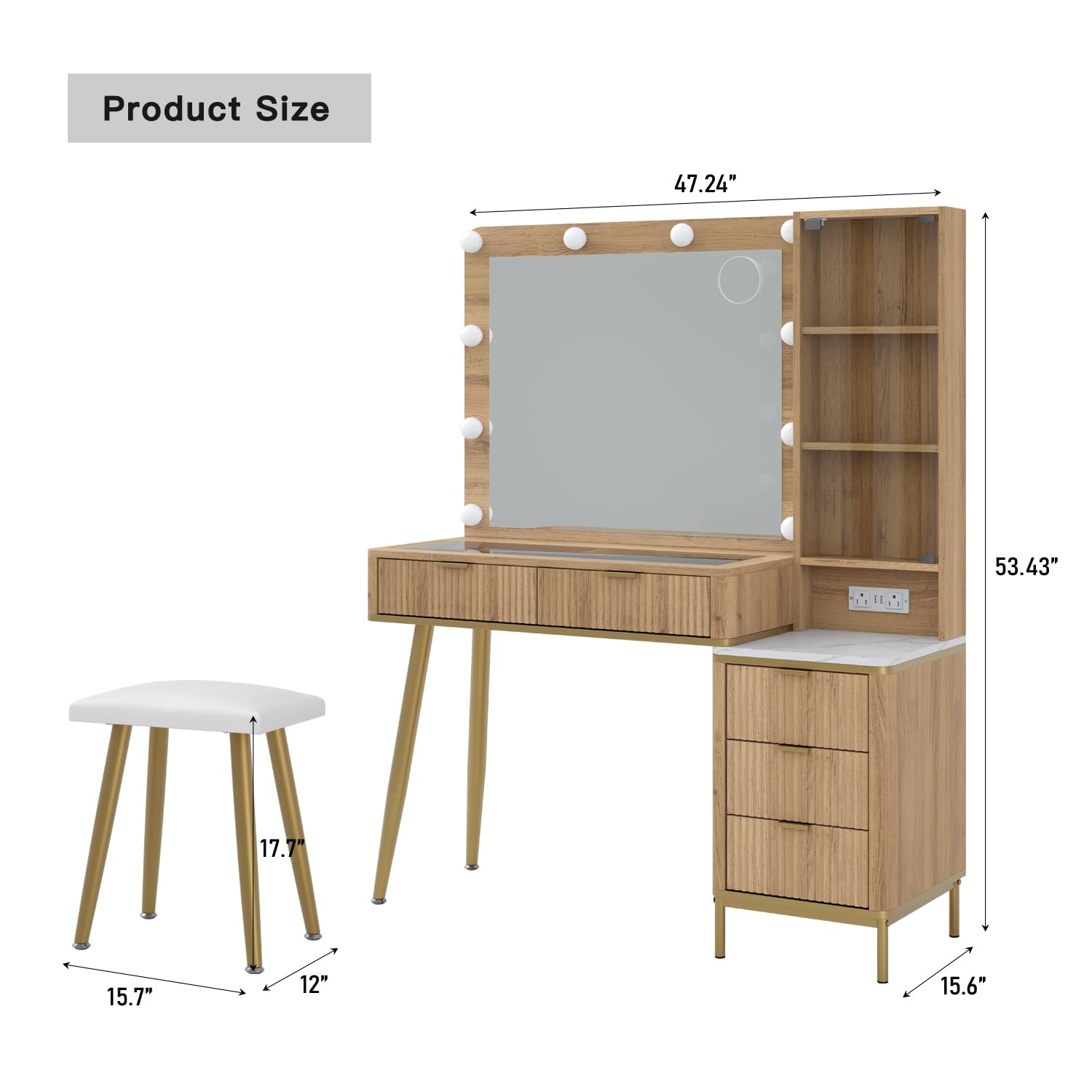 Fluted Makeup Vanity Desk with HD Lighted Mirror - 48