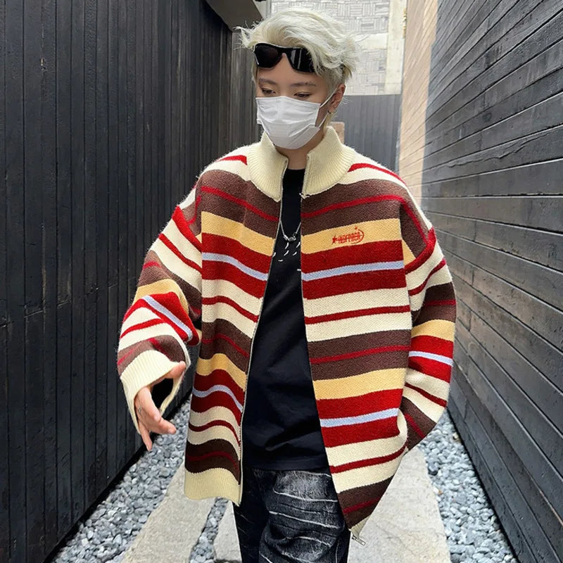 Men's Striped Zipper Knit Cardigan Sweater Jacket - Loose Fit Turtleneck Pullover for Spring 2025 | Casual Wear, Date Night & Couple Outfits | American Fashion 9C9259