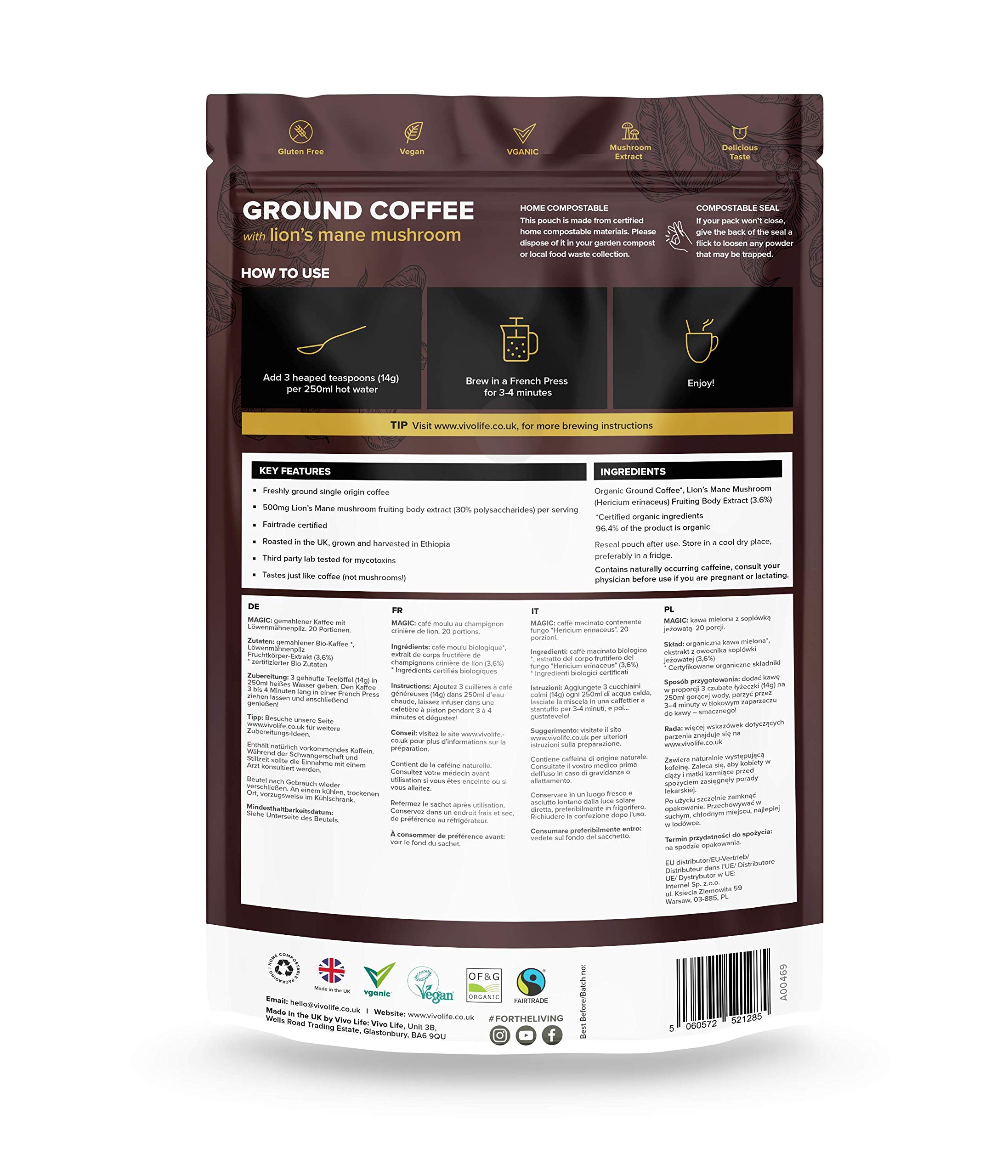 Organic Ground Coffee with Lion's Mane Mushroom - MAGIC COFFEE for Focus & Energy - 20oz Bag - Perfect for Morning Boost, Work Productivity & Wellness Routine