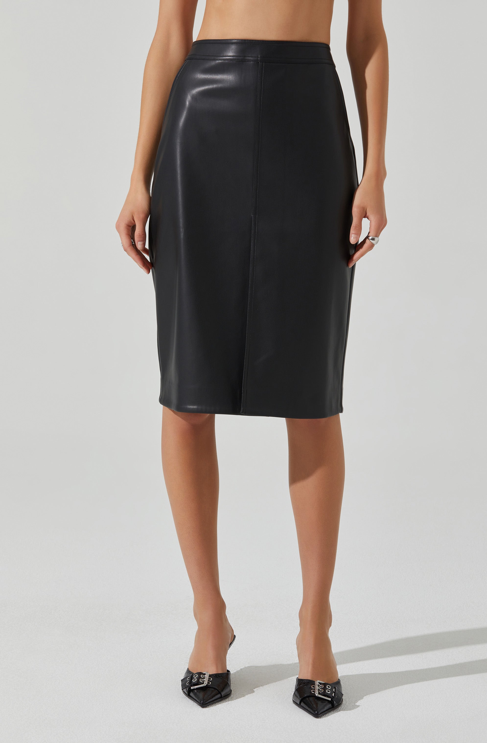 Ladonne Faux Leather Midi Skirt for Women - Stretchy High Waist Pleated Pencil Skirt - Perfect for Office, Party & Night Out