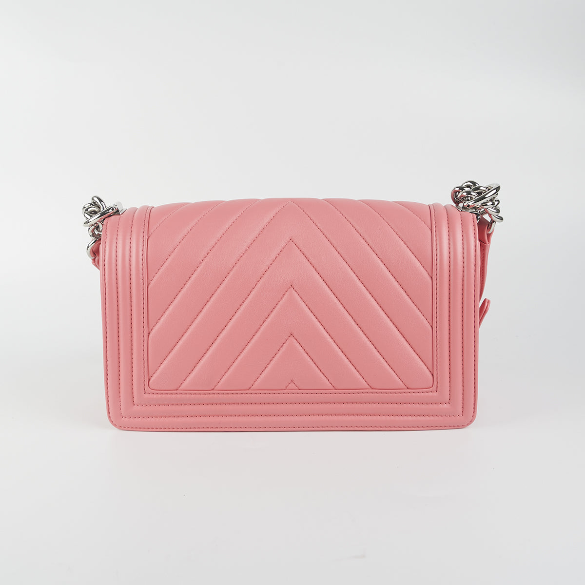 Chanel Chevron Quilted Boy Bag Old Medium Size Lambskin Leather Pink Crossbody Purse - Perfect for Date Night & Evening Events