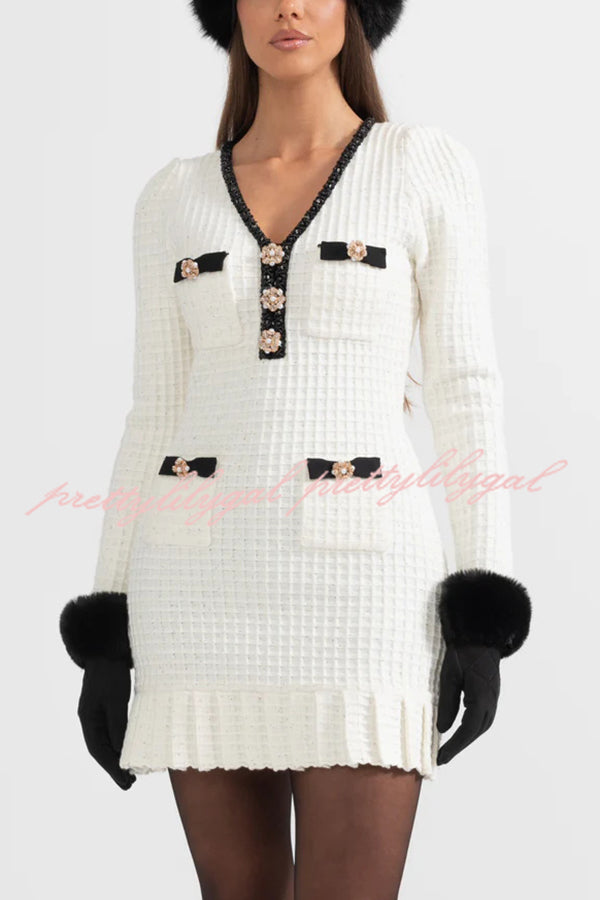 Stylish Waffle Knit Mini Dress with V-Neck & Ruffles - Perfect for Date Night, Party Wear & Casual Outings