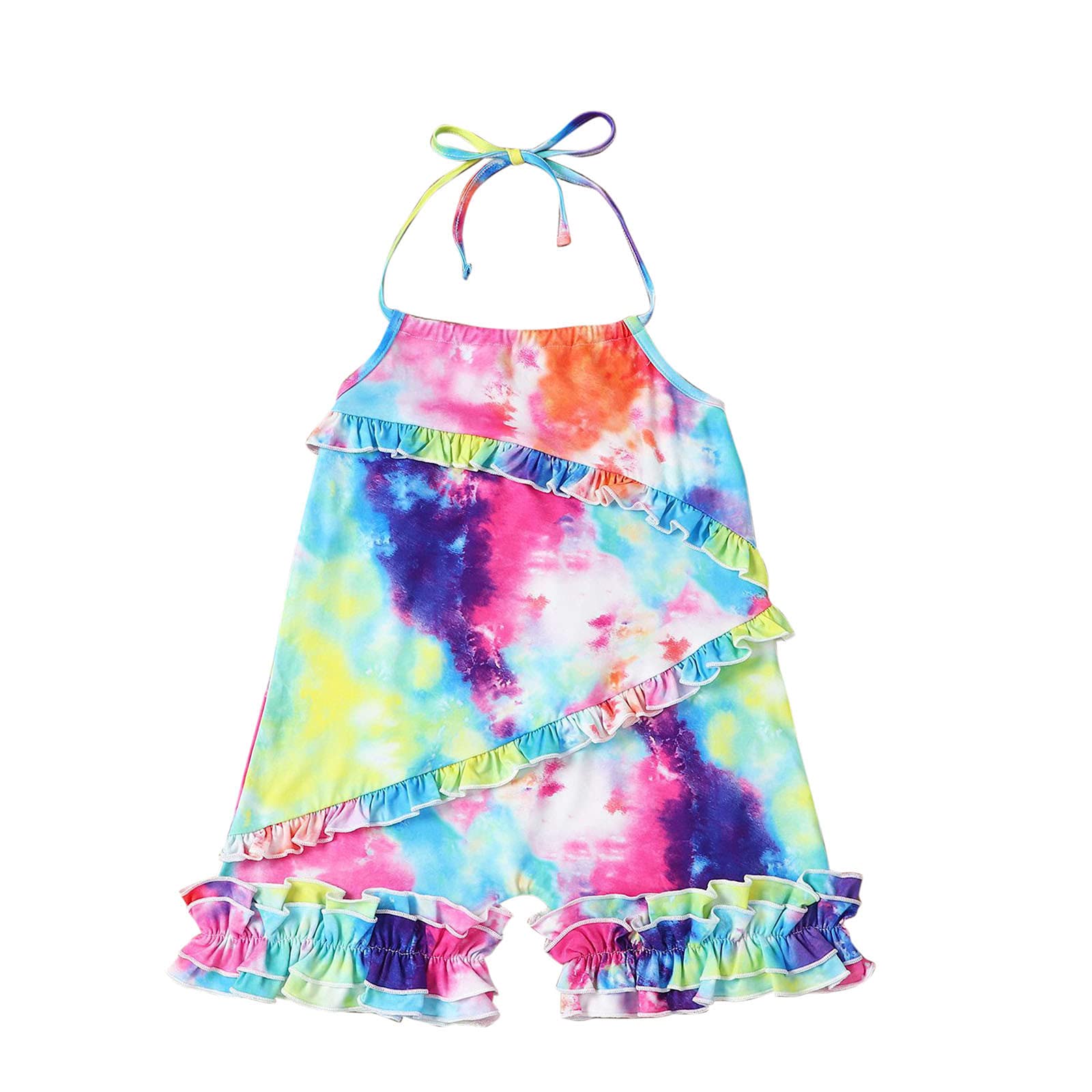 Digood Toddler Baby Girls Suspenders Ruffle Backless Tie-Dyed Romper Jumpsuit - 1 Piece Boho Playsuit for Summer Outfits & Photoshoots