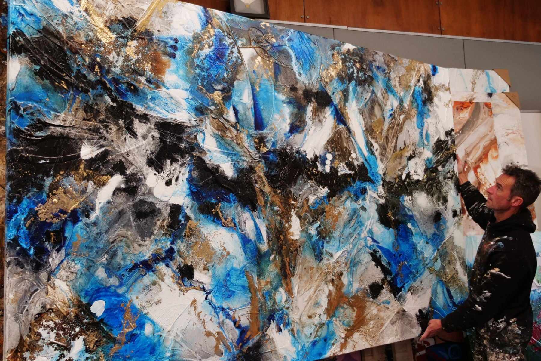 250cm x 150cm Metallic Gold Blue Textured Abstract Wall Art Painting - Coastal Grunge Style for Living Room, Bedroom & Office Decor