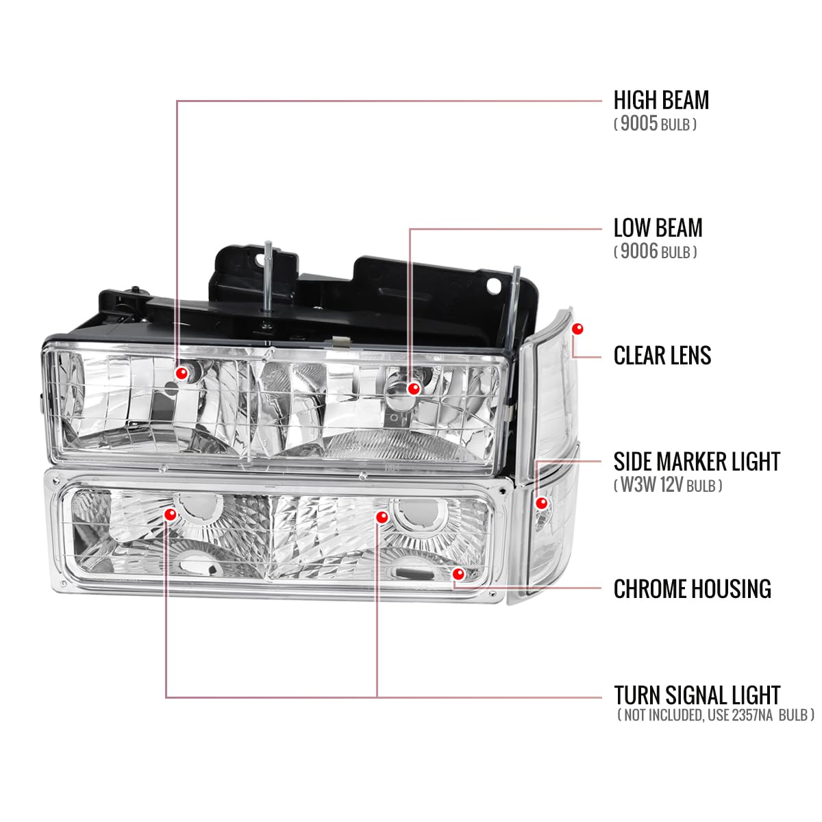 94-99 GMC C10 C/K Sierra Yukon Replacement Clear Headlights & Bumper Corner Lamps Pair - Perfect for Night Driving & Off-Road Adventures