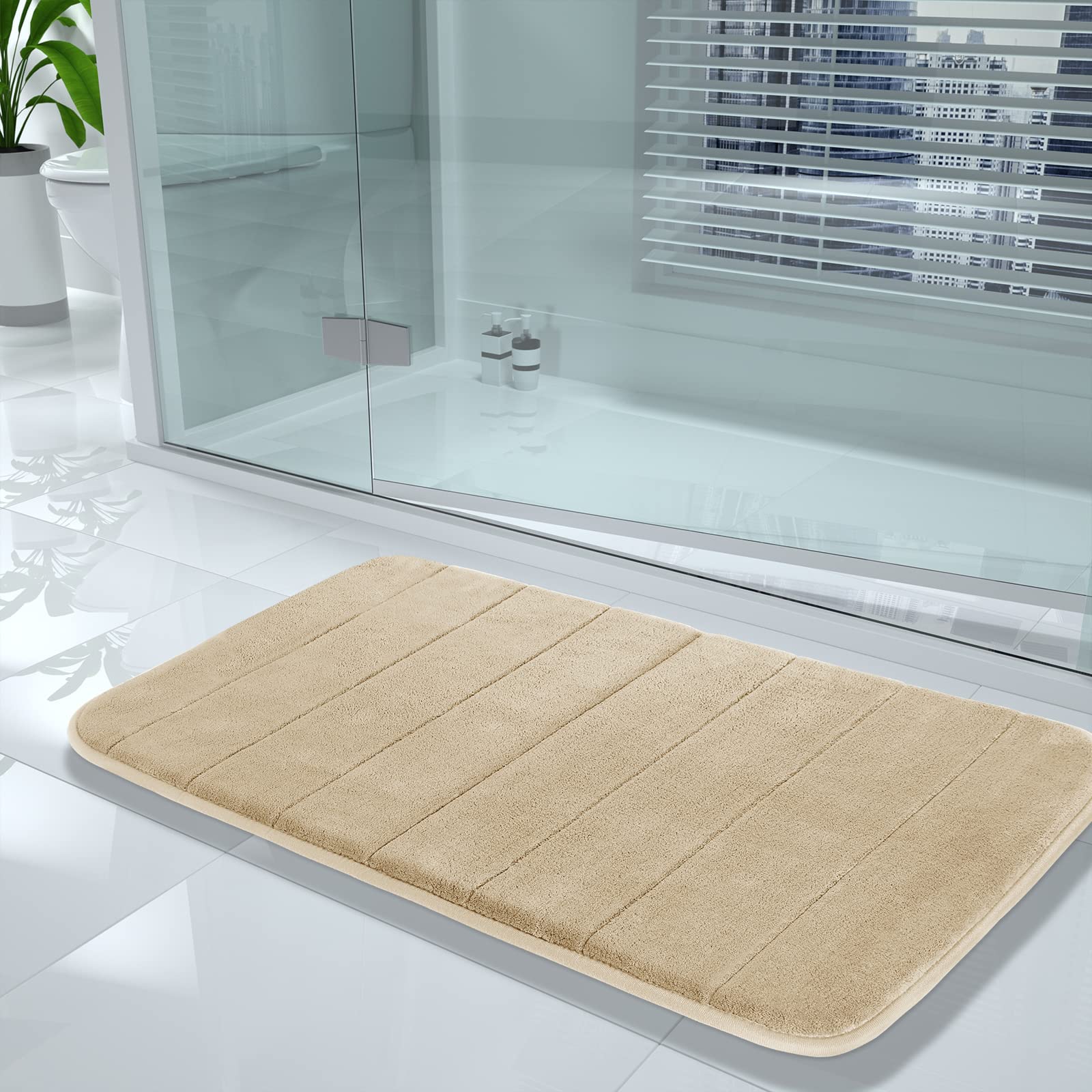 Yimobra Memory Foam Bath Mat 44 x 24 Inches - Ultra Soft & Absorbent Non-Slip Bathroom Rug - Machine Washable, Quick-Drying & Thick Floor Mat for Shower, Bathtub & Bathroom Safety (Beige)