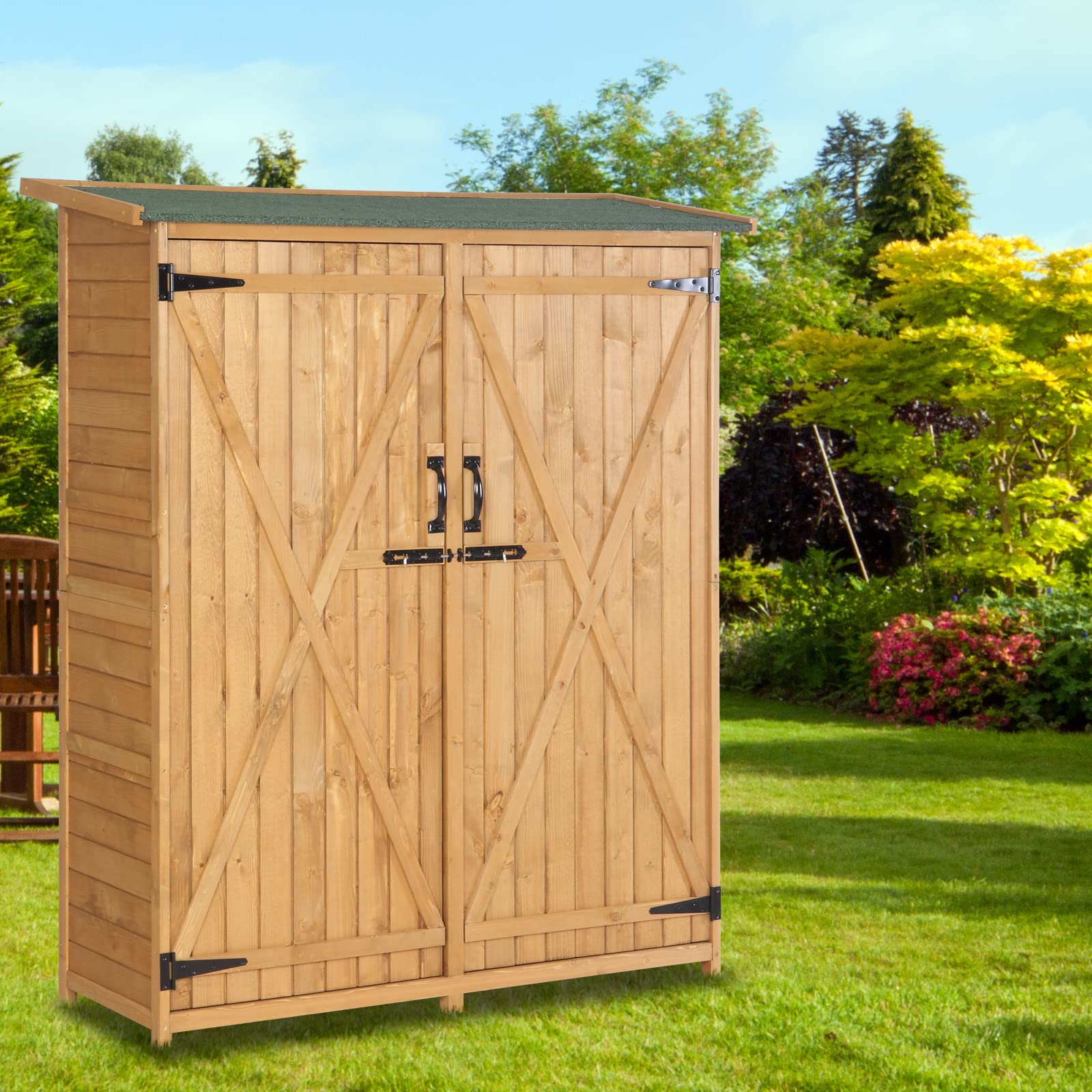 VINGLI Upgraded Extra Large Outdoor Wooden Storage Shed - Weatherproof Garden Tool Cabinet with 2 Safety Latches | Perfect for Organizing Lawn Equipment, Yard Tools & Patio Furniture | Durable Teak Wood Construction for Backyard, Garden & Outdoor Storage Needs