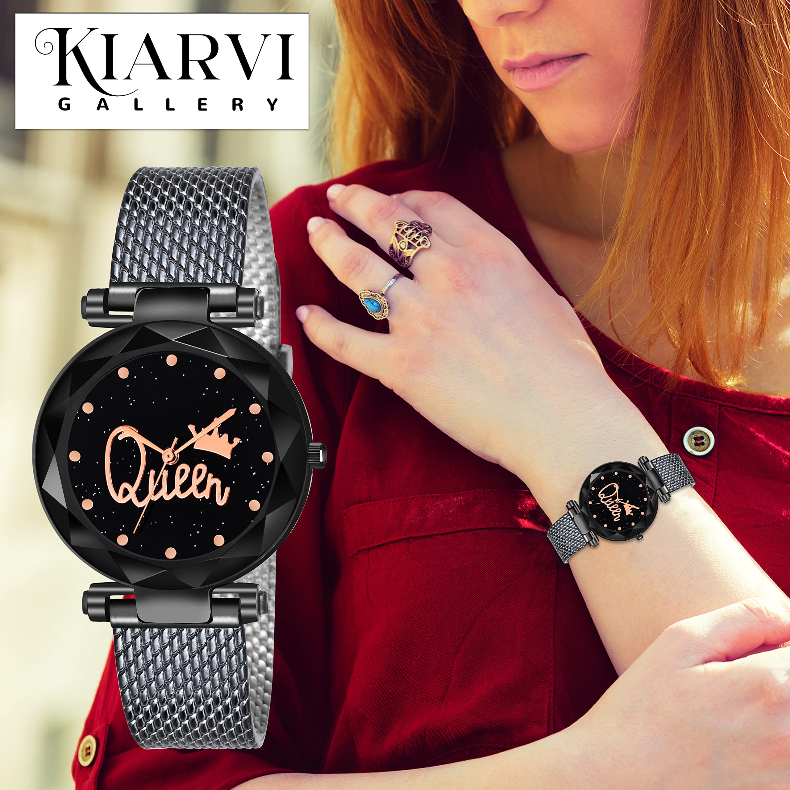 KIARVI GALLERY Pack of 2 Analog Queen Dial Watches for Women & Girls - PU Leather Strap Fashion Watch Set - Perfect for Daily Wear, Office & Casual Outfits