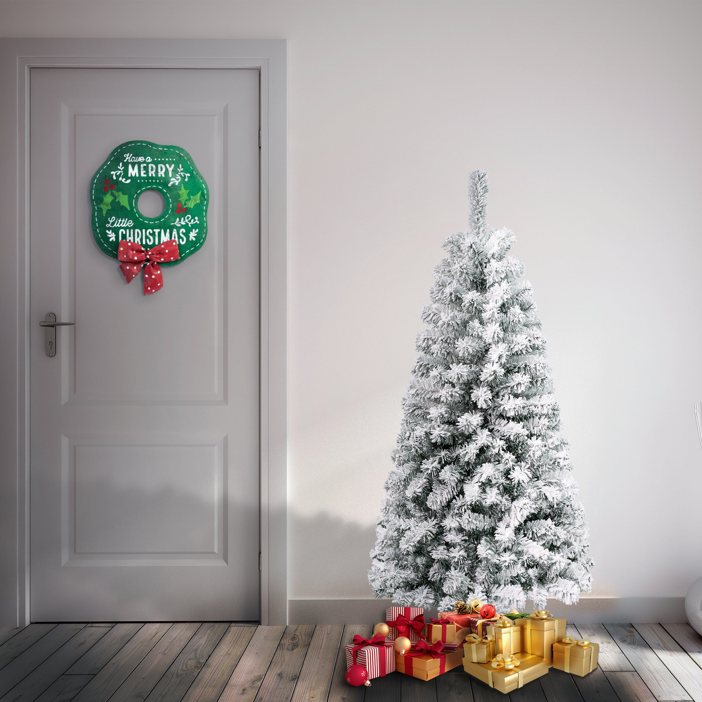 4.5 ft. Flocked Acacia Christmas Tree with Snowy Branches - Perfect for Holiday Home Decor, Living Room, Office & Festive Party Decoration