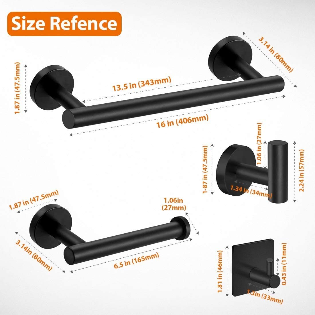 5-Piece Matte Black SUS304 Stainless Steel Bathroom Hardware Set - 16