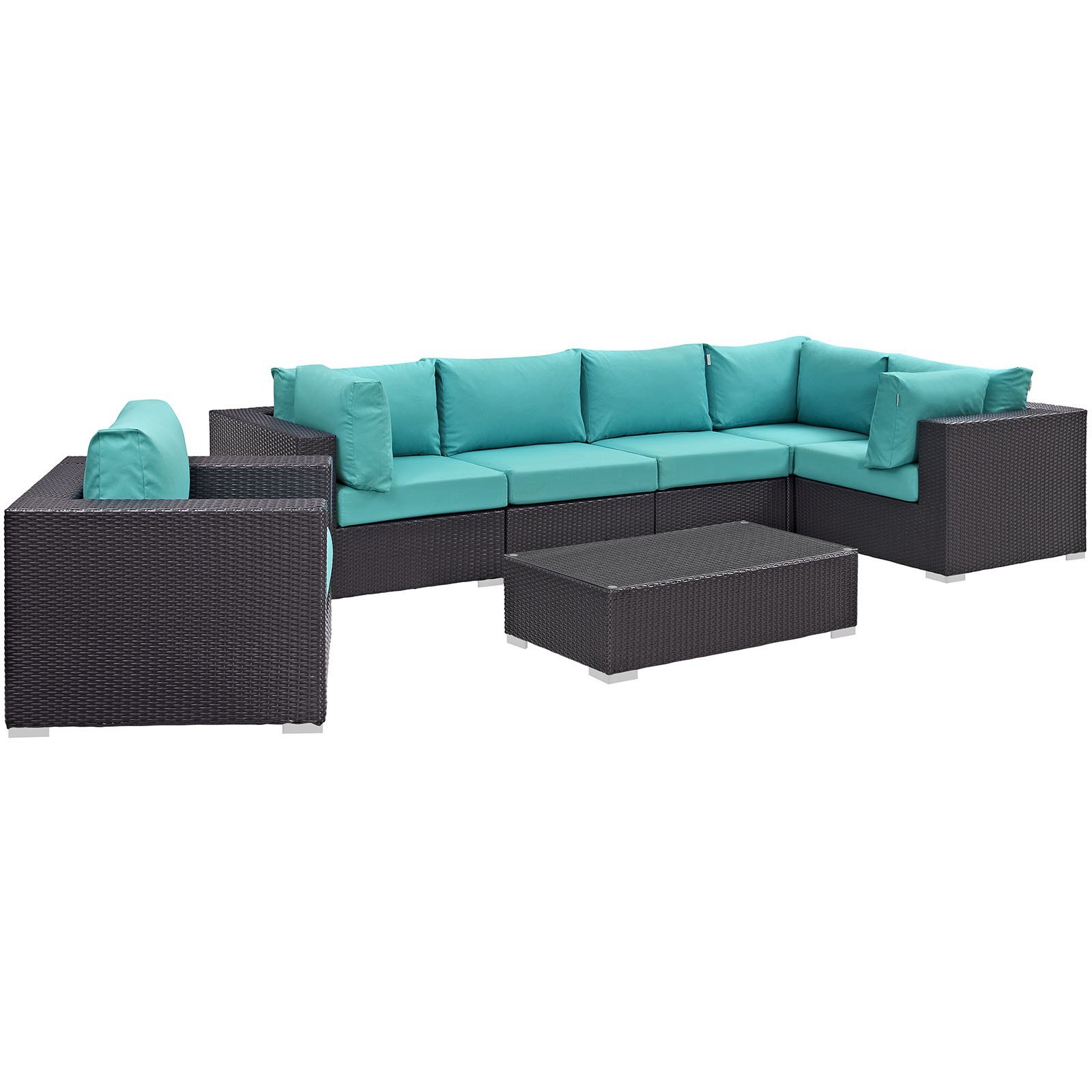 Modway EEI-2157-EXP-TRQ-SET 7-Piece Wicker Rattan Outdoor Patio Sectional Sofa Set with Cushions, 5-Person Seating in Turquoise - Perfect for Backyard, Poolside & Garden Relaxation