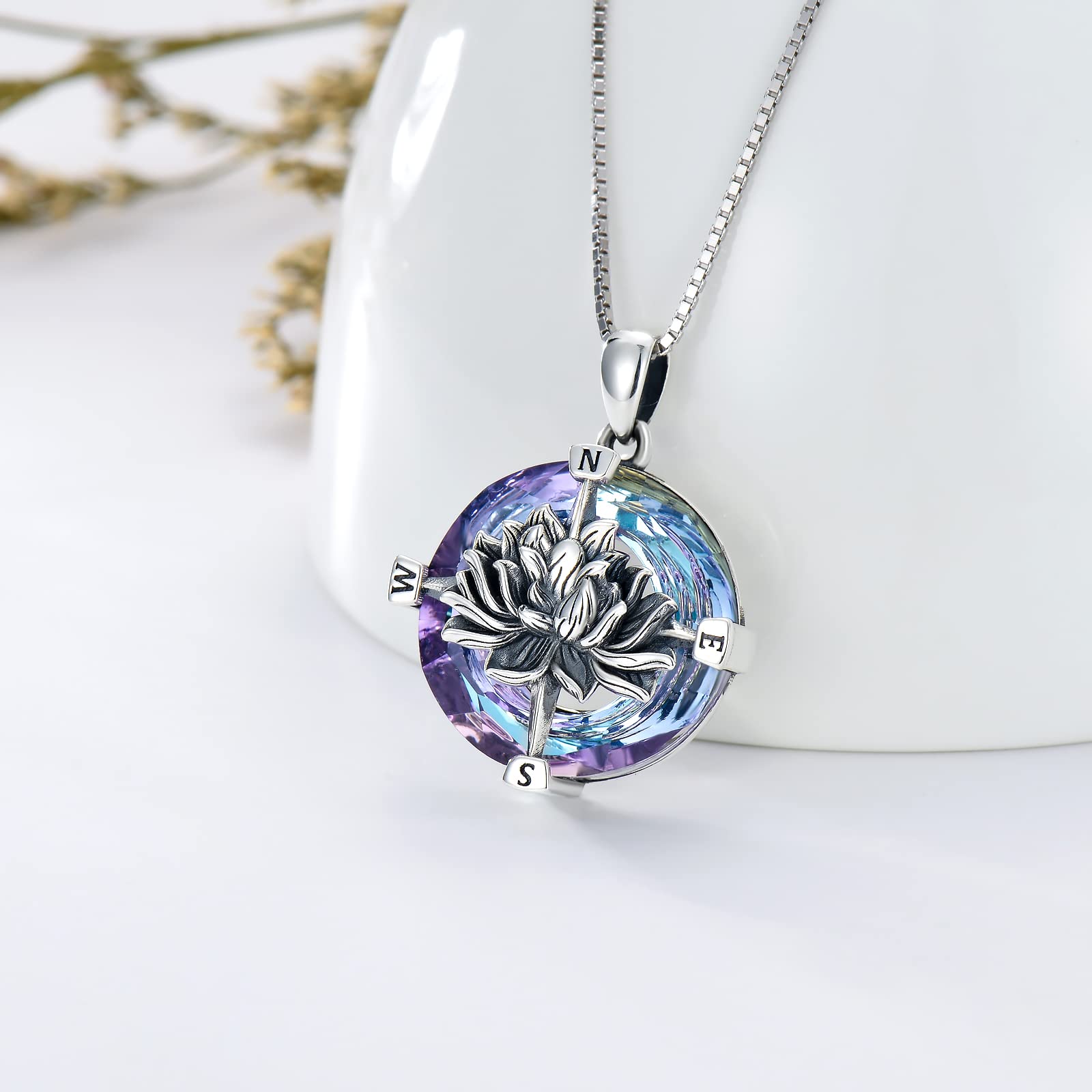 SIMONLY Sterling Silver Lotus Compass Necklace for Women - Crystal Pendant Inspirational Jewelry Gift for Christmas, Graduation, Friendship & Travel - Perfect for Everyday Wear & Special Occasions