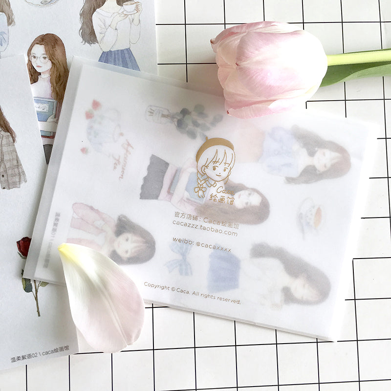 Gentle Whisper Girl Sticker Sheet A6 (Set of 4) - Cute Kawaii Decals for Planners, Journals, Scrapbooks & DIY Crafts