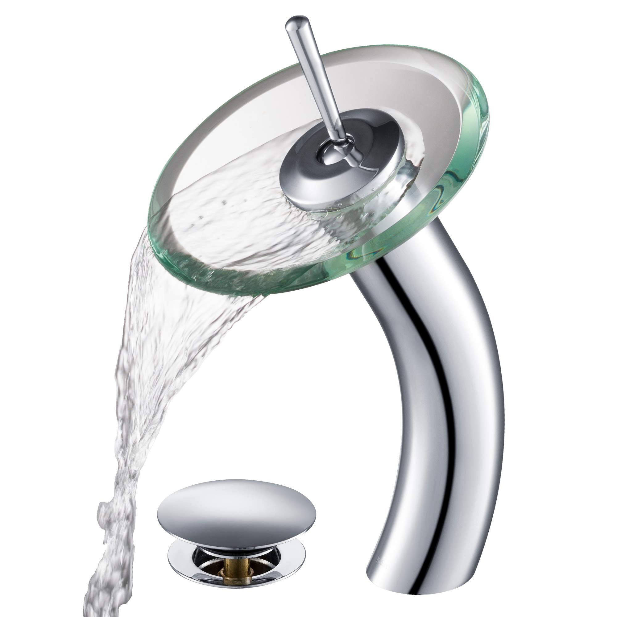Kraus KGW-1700-PU-10CH-CL Single Handle Waterfall Bathroom Sink Faucet with Clear Glass Basin - Chrome Finish & Matching Pop-Up Drain - Modern Vanity Upgrade for Master Bath & Powder Room
