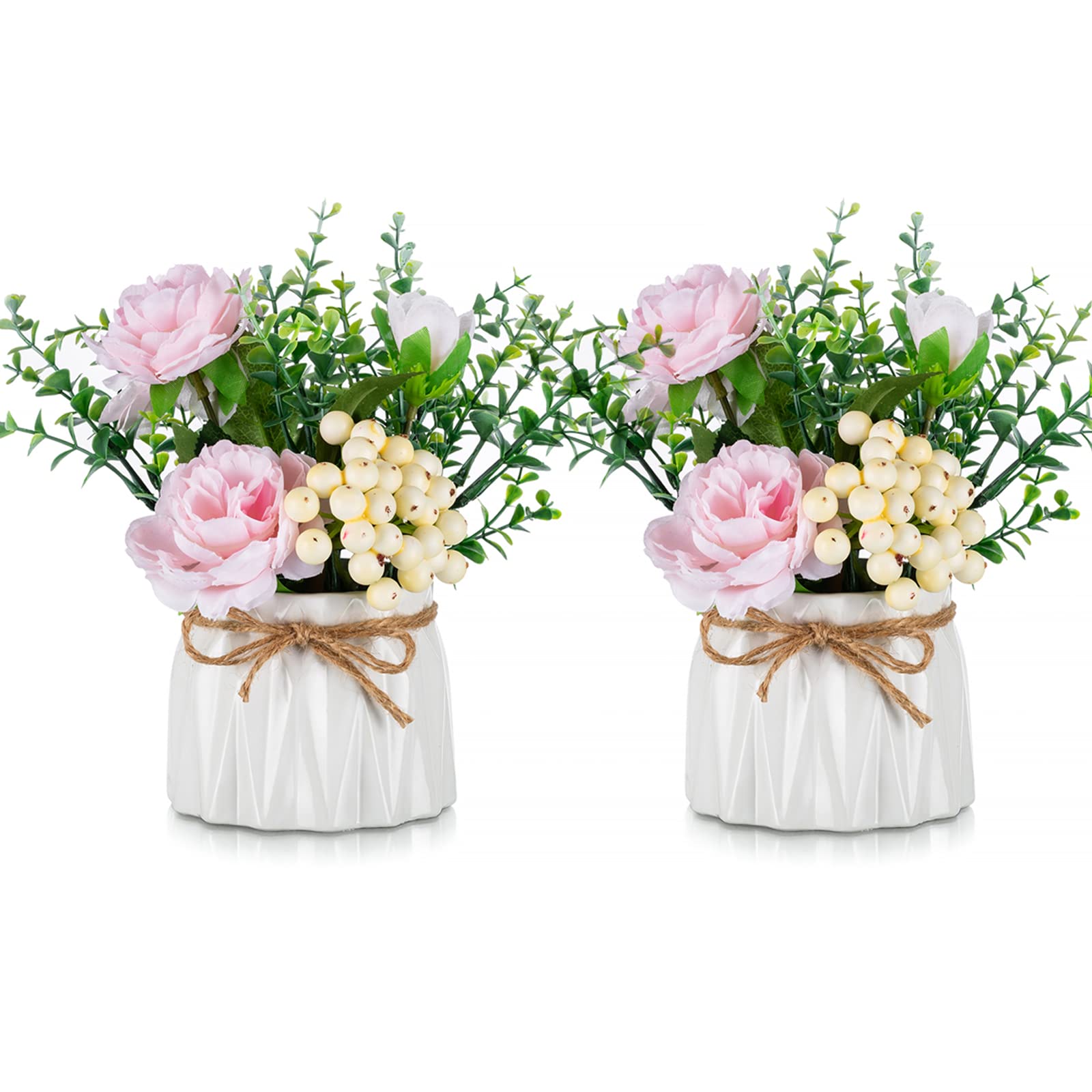 BLOSMON 2-Pack Artificial Pink Silk Roses in Vase - Small Fake Flower Arrangement for Table Centerpieces, Kitchen, Dining Room & Coffee Table Decor - Perfect for Home, Wedding, Office & Party Decorations