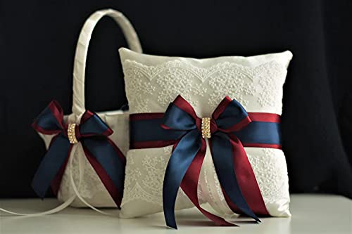 Navy Blue Flower Girl Basket & Burgundy Ring Pillow Set - Wedding Ceremony Accessories for Ring Bearer and Flower Girl (2 Pillows + 2 Baskets, Ivory) | Perfect for Wedding Aisle Decorations and Bridal Party Procession