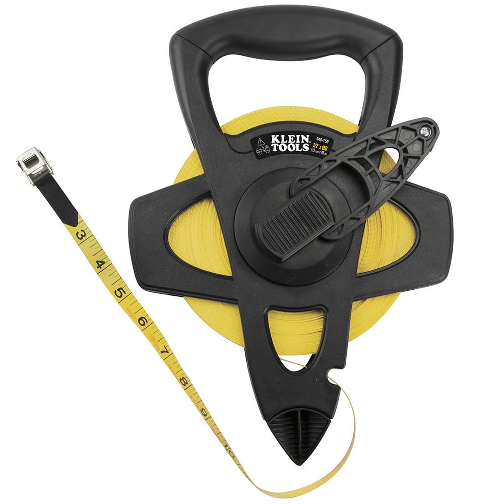 Klein Tools 946-150 150-Foot Woven Fiberglass Tape Measure - Durable Open-Reel Construction for Construction, Electrical Work & DIY Projects