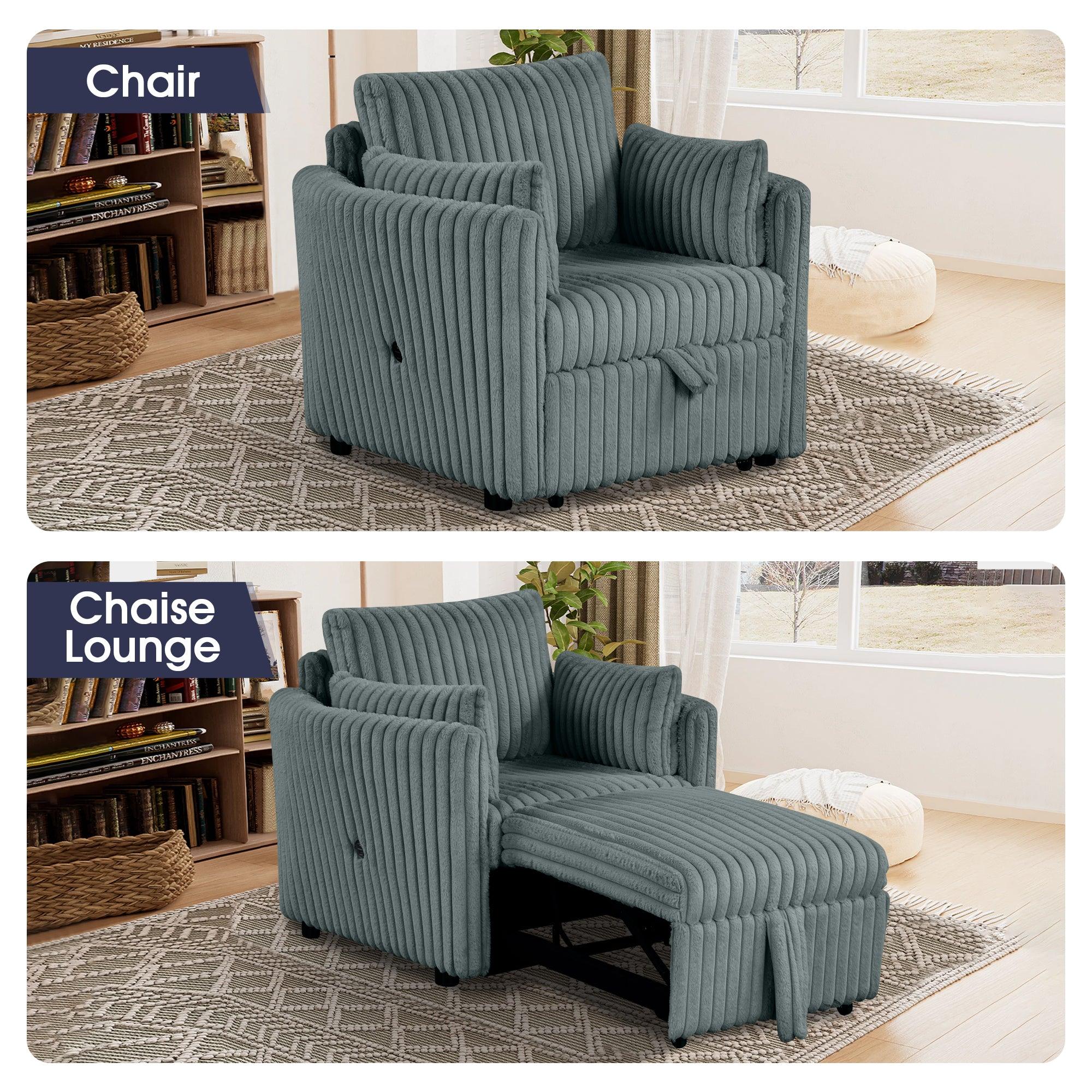 Dark Gray Faux Fur Oversized Convertible Sleeper Sectional Sofa with USB Charging Ports - 3-in-1 Couch, Daybed & Pull-Out Chair with 2 Pillows - Modern Living Room Furniture for Small Spaces, Apartments & Home Theater Lounging