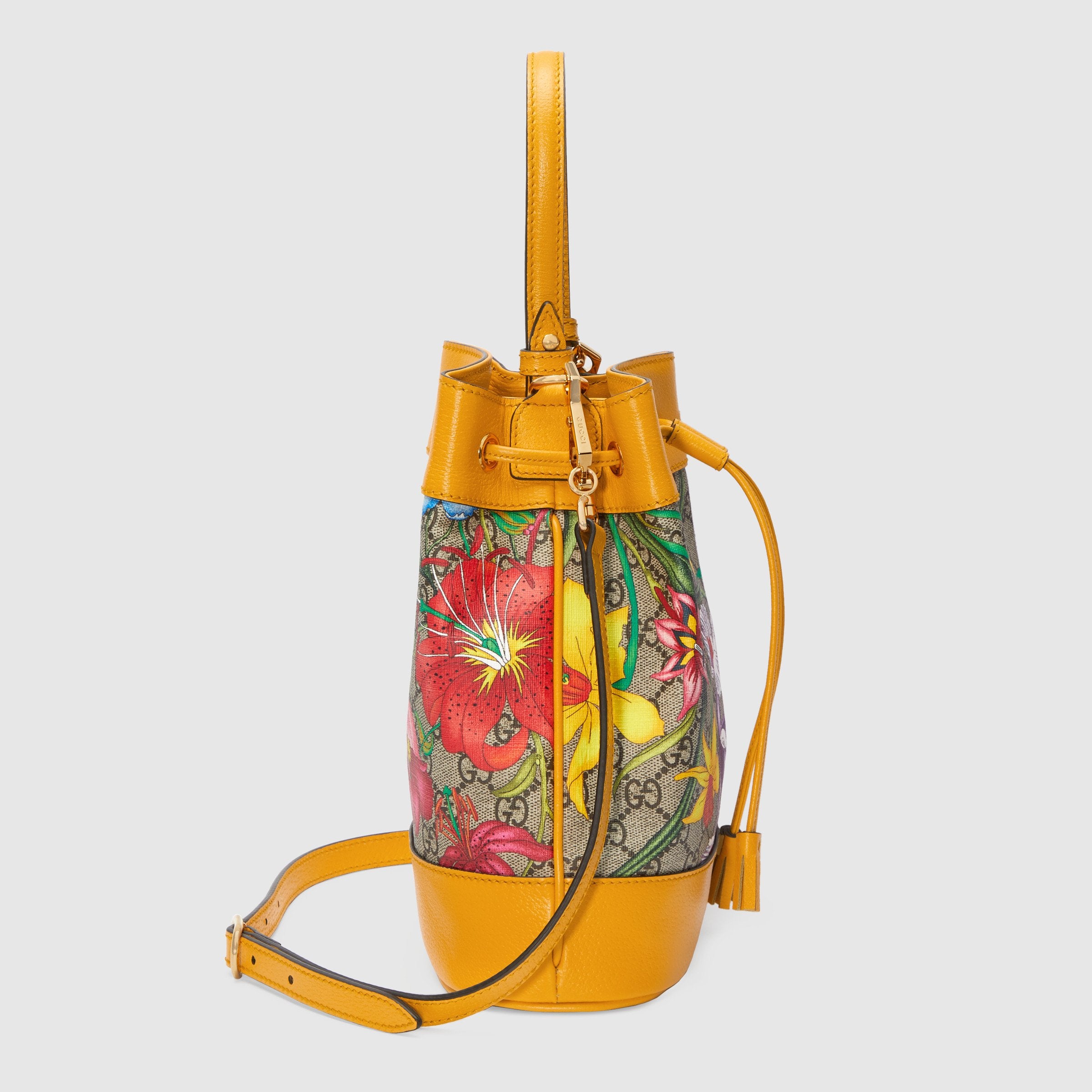 Gucci Ophidia GG Flora Small Bucket Bag in Yellow | Luxury Crossbody Handbag for Women | Perfect for Date Night, Travel & Everyday Use