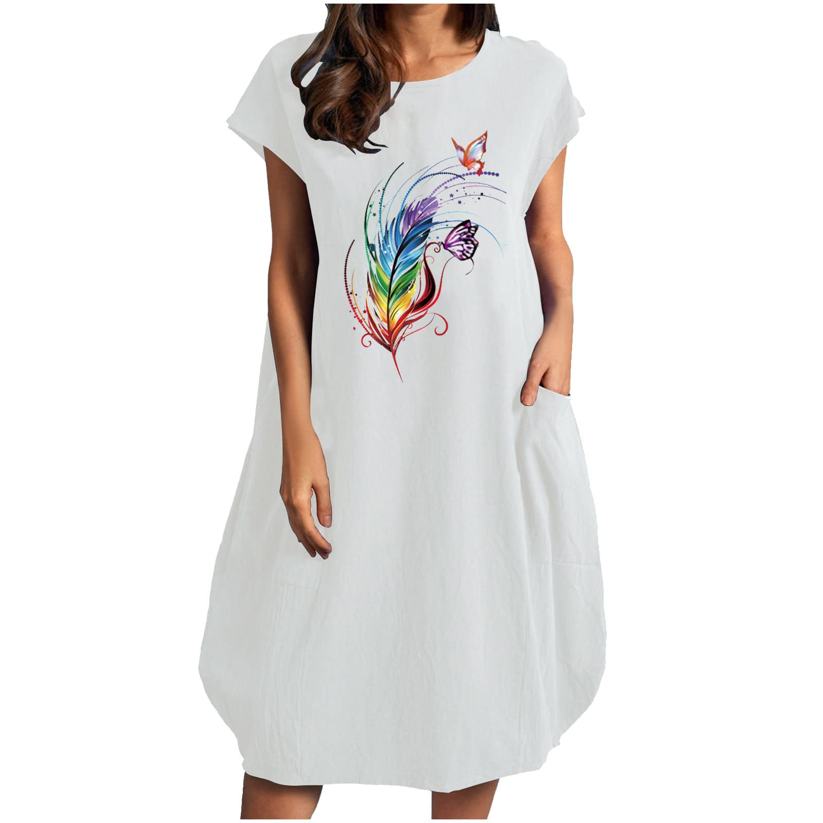 Women's Summer Dresses - Cotton Linen Butterfly Print Short Sleeve Midi Dress - Casual Loose Lightweight Sundress for Beach, Vacation & Everyday Wear