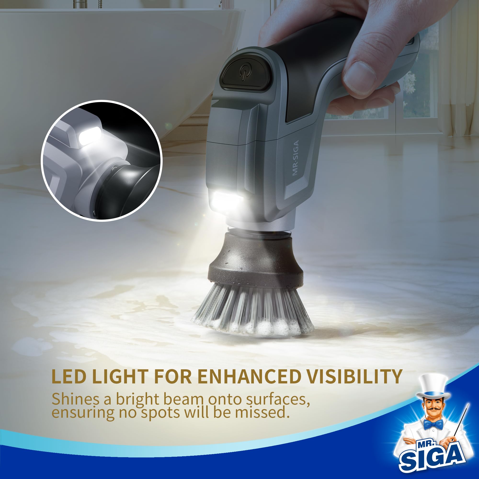 MR.SIGA Electric Spin Scrubber - Cordless Rechargeable Power Scrubber with 5 Replaceable Brush Heads for Deep Cleaning Kitchen, Bathroom, Tile & Grout | Waterproof Design for Shower, Sink & Bathtub Cleaning