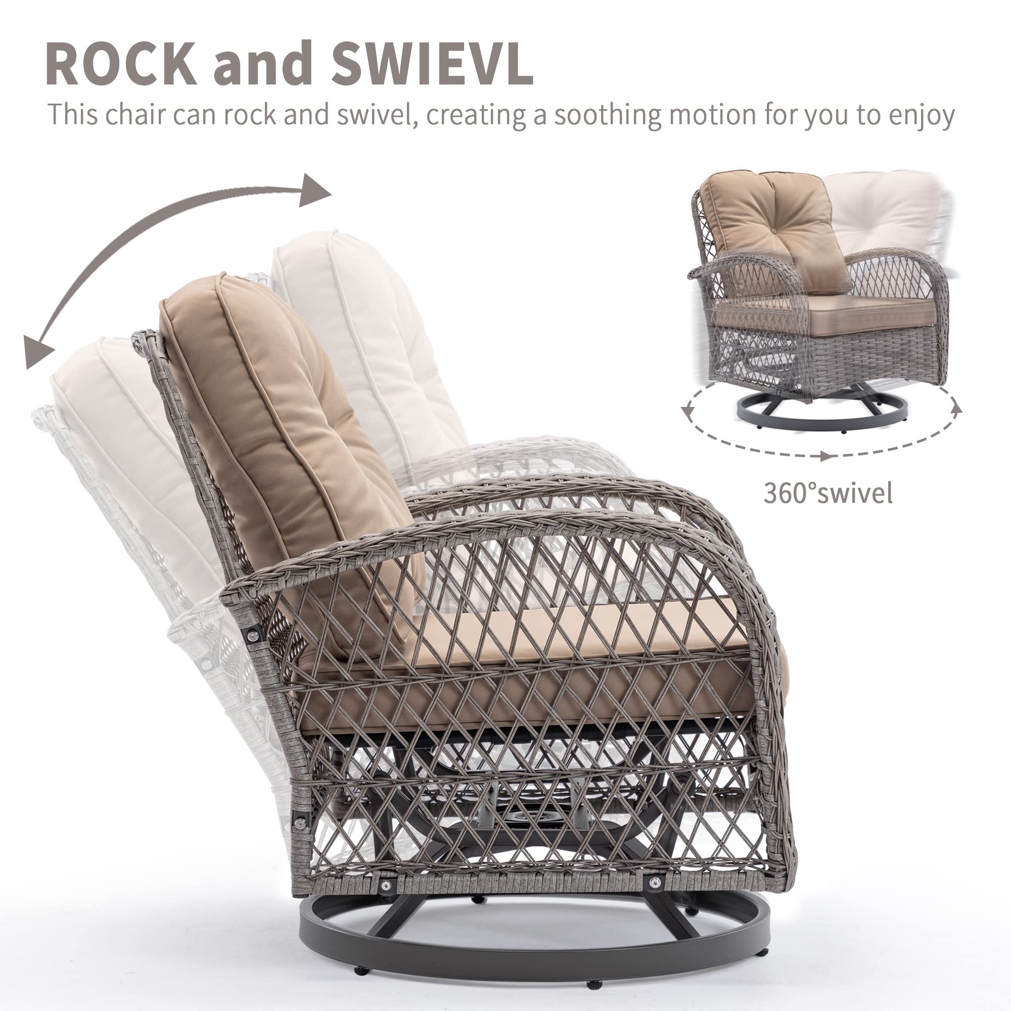 360° Swivel Patio Chairs Set - 3-Piece Outdoor Rocking Bistro Table & Chairs with Cushions - Rattan Wicker Porch Furniture for Garden, Deck, Backyard & Front Porch Relaxation