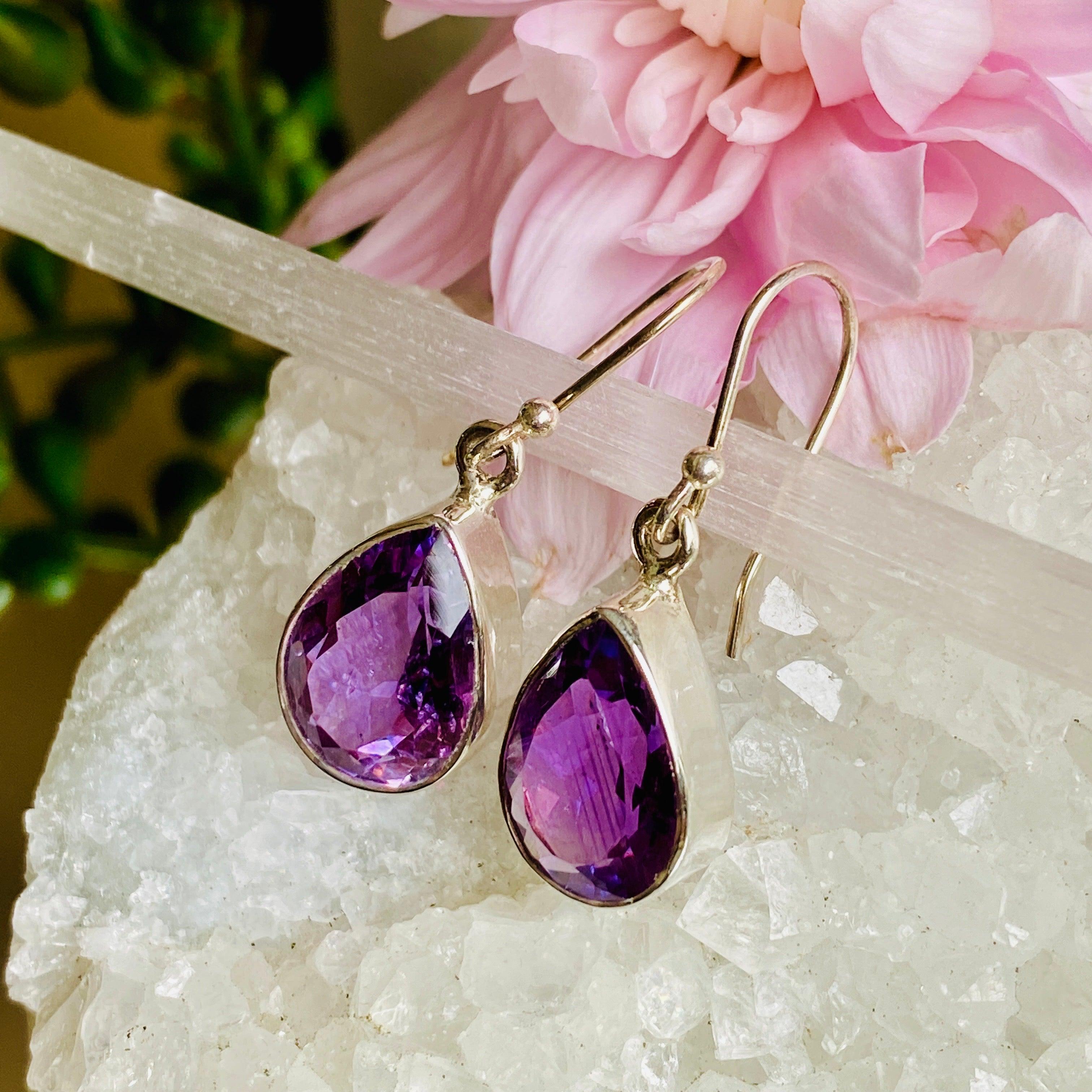 Amethyst Faceted Teardrop Earrings for Women - Elegant Purple Gemstone Dangle Earrings for Party, Wedding & Evening Wear - KEGJ806