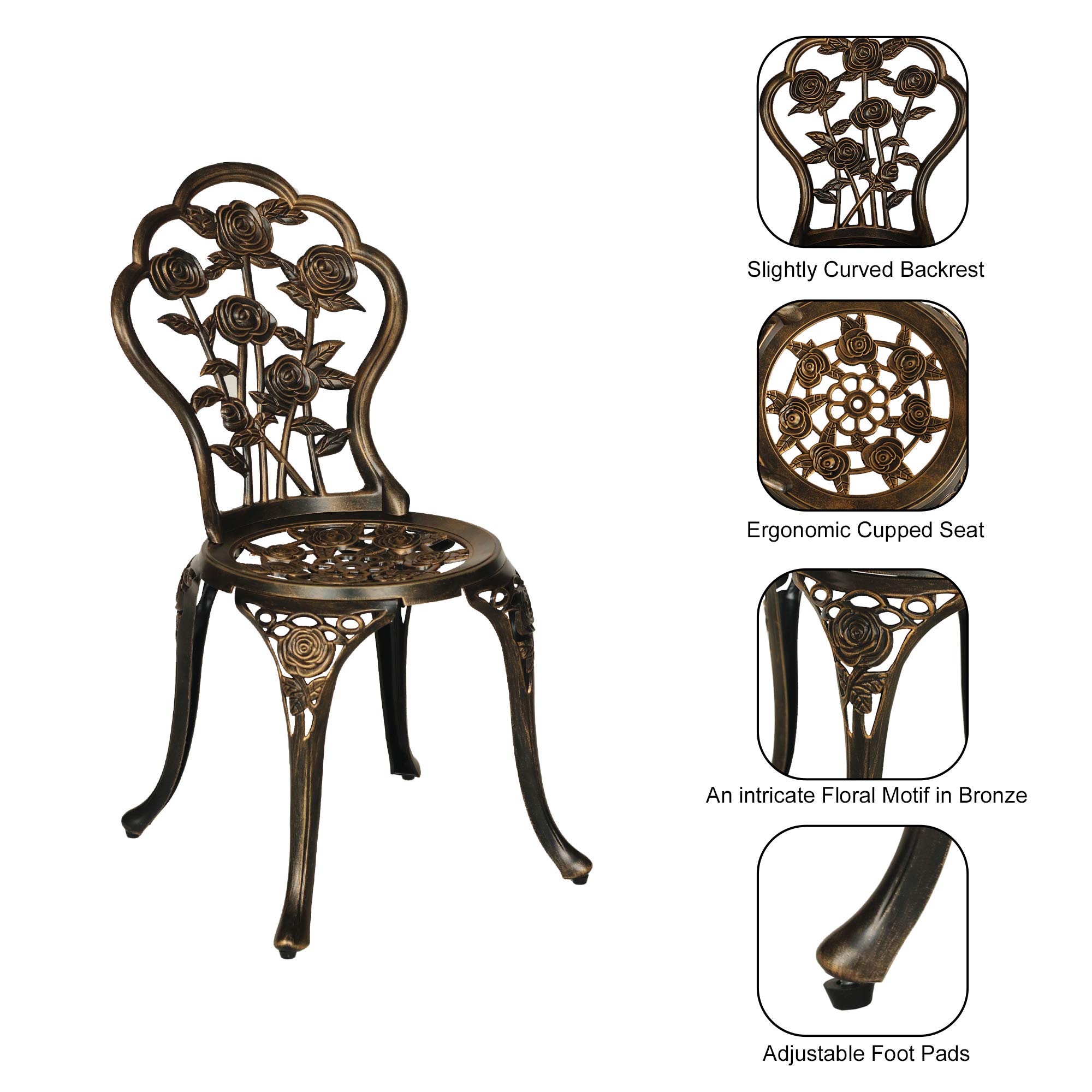3-Piece Patio Bistro Table Set - Outdoor Cast Aluminum Dining Set with Umbrella Hole, Rose Flower Design, Dark Bronze Balcony Furniture (Perfect for Small Spaces, Garden, Deck & Backyard Relaxation)