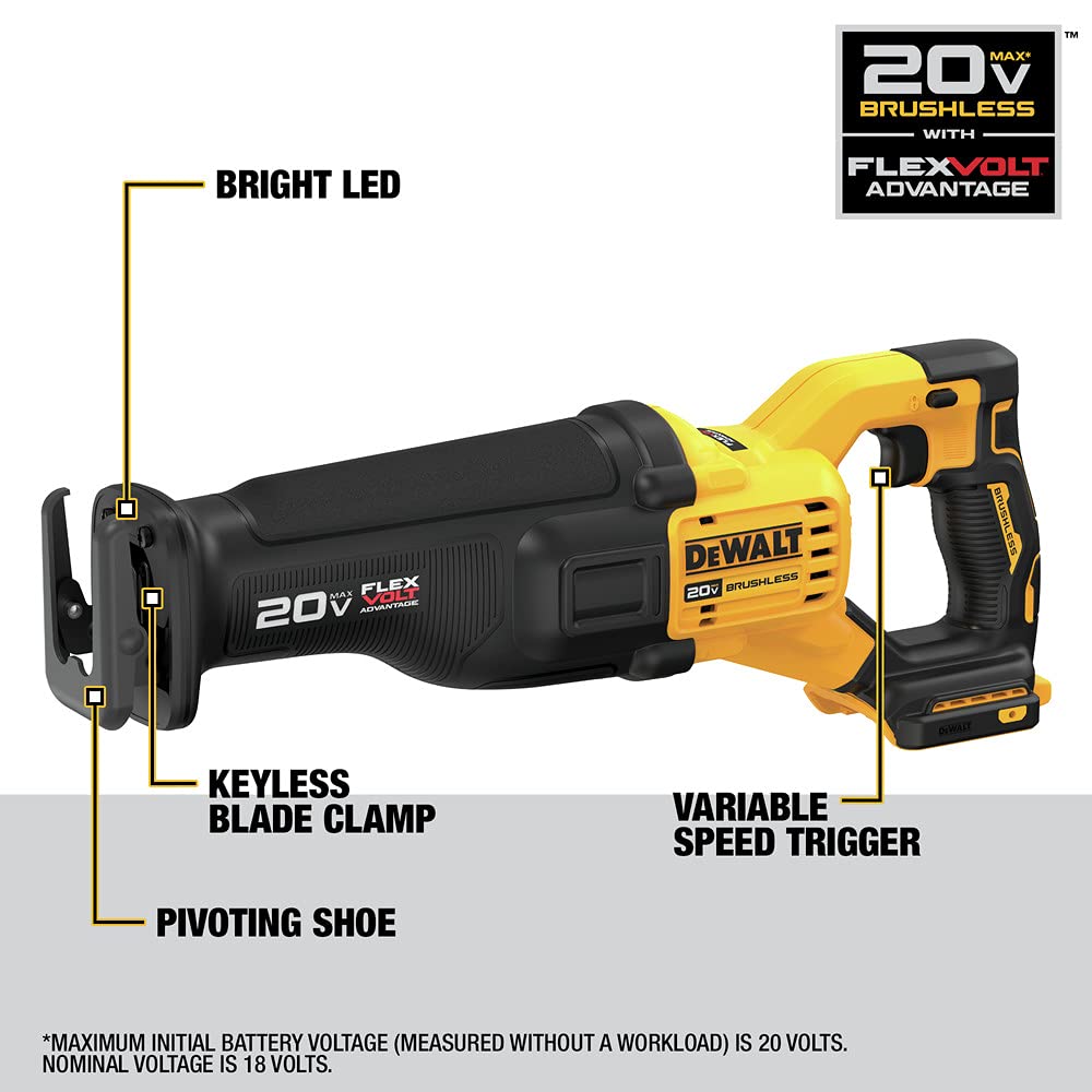 DEWALT 20V MAX FLEXVOLT Cordless Reciprocating Saw with Brushless Motor - Powerful Cutting Tool for Construction, Demolition, and Woodworking Projects