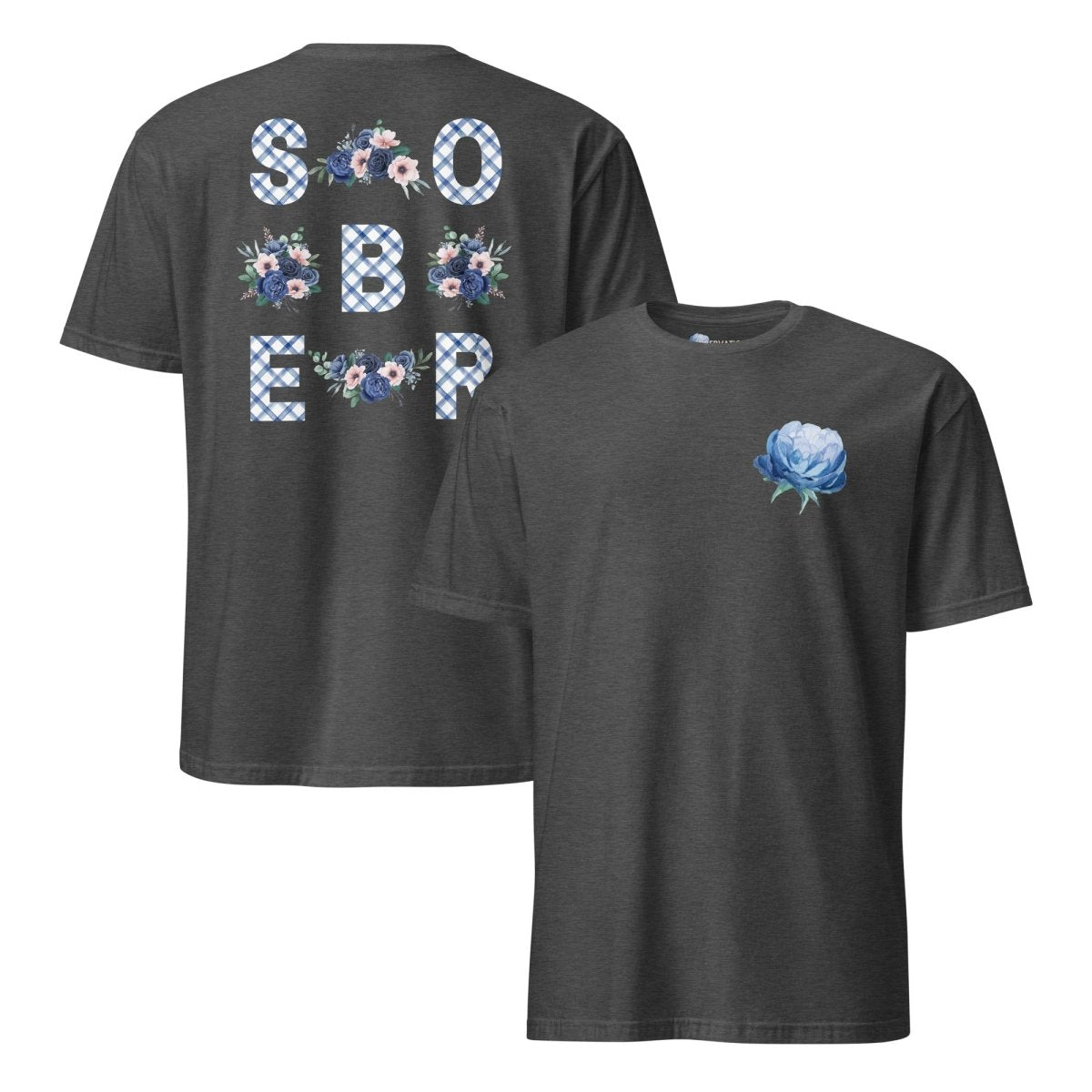SOBER - Blue Gingham Floral Print Essential T-Shirt with Rose Detail - Casual Summer Outfit for Women