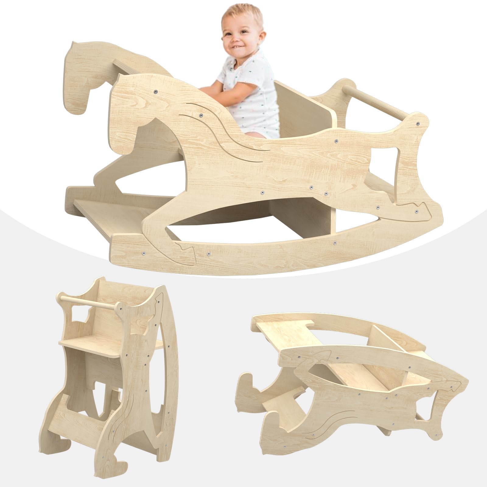 **Montessori Wooden Rocking Horse for Toddlers - 2-in-1 Baby Rocking Toy & Weaning Table Chair Set - Natural Wood Nursery Furniture for Playroom, Living Room & Kitchen - Safe & Educational Toddler Rocker**    *(Perfect for Montessori Learning, Indoor Play, and Transitioning to Solid Foods)*