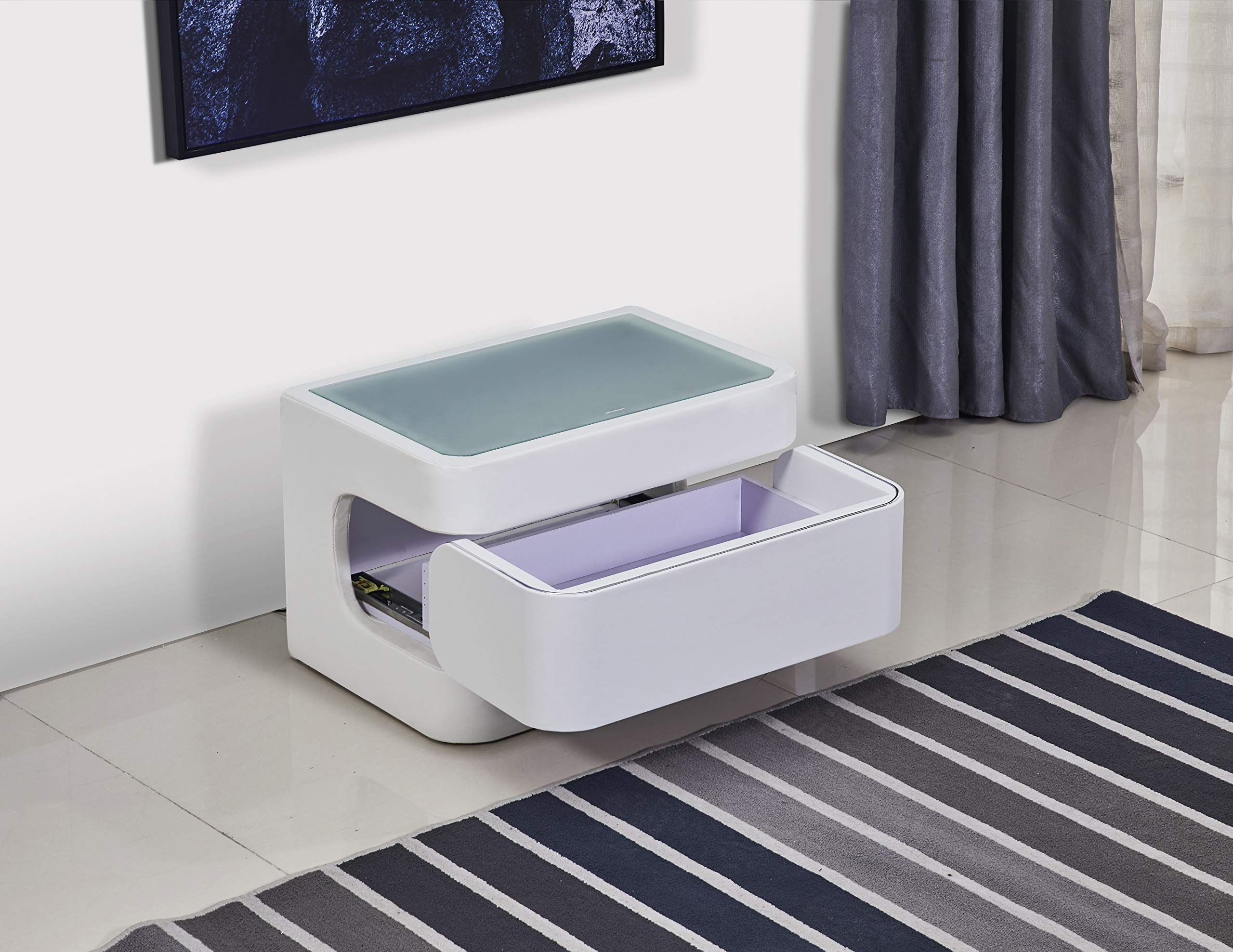 Modern White LED Nightstand with Glass Top and Spacious Drawer - Touch Control Bedside Table for Bedroom, Living Room, or Office