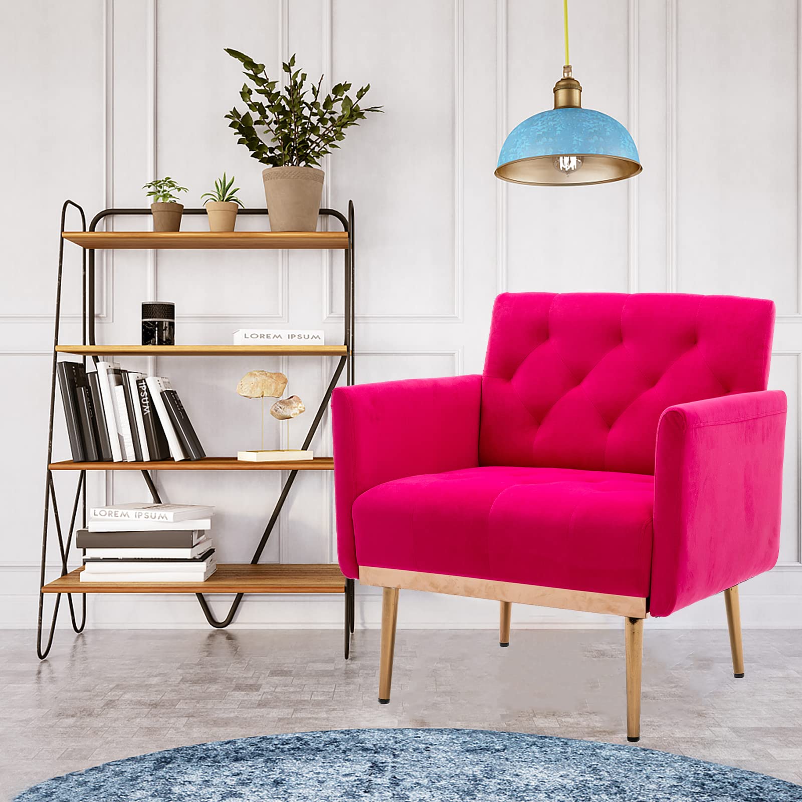 Luxury Velvet Accent Chair with Gold Metal Legs - Modern Single Sofa Chair for Living Room, Bedroom & Office - Small Space Armrest TV Chair - Rose Red Home Decor for Apartments, Reading Nooks & Coffee Shops