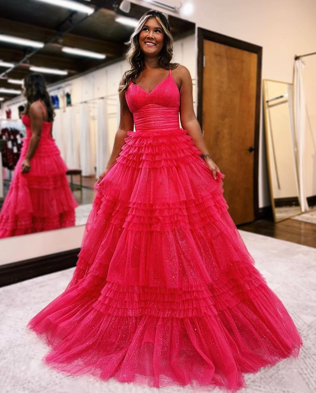 Sparkling Women's Tiered Glitter Tulle Prom Dress - V-Neck Ruffled Formal Evening Gown for Homecoming, Quinceañera, Wedding & Special Occasions