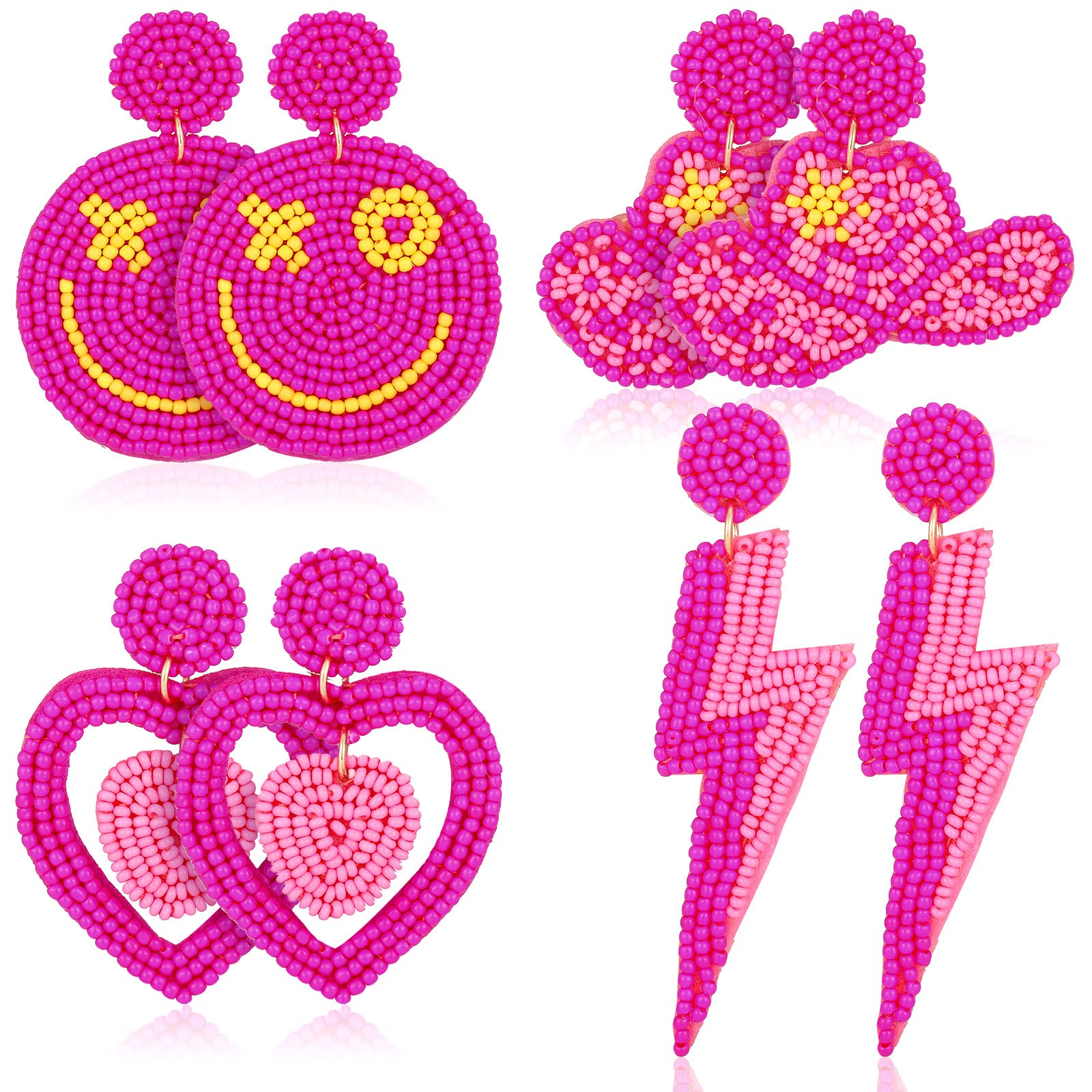 4 Pairs Handmade Beaded Earrings for Women - Preppy Smile, Heart & Hat Dangle Earrings Set - Trendy Jewelry Gift for Teachers, Teens & Girls - Perfect for Back to School, Parties & Everyday Wear