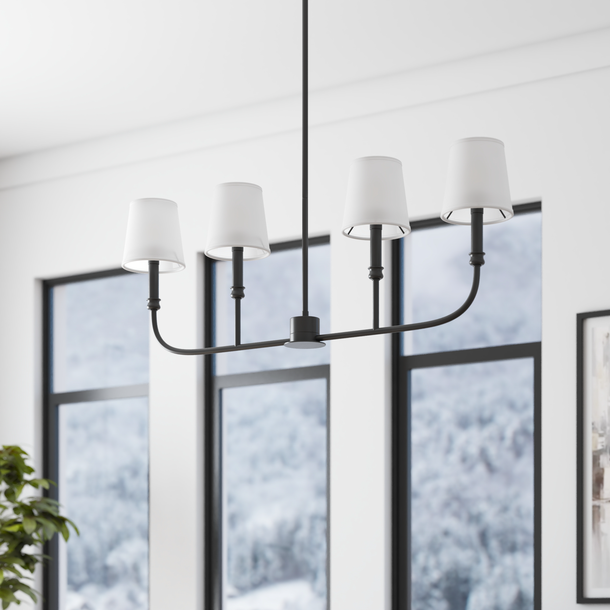 4-Light Billet Linear Chandelier in Matte Black with Fabric Shades - Modern Dining Room Lighting Fixture for Kitchen Island, Living Room or Bedroom
